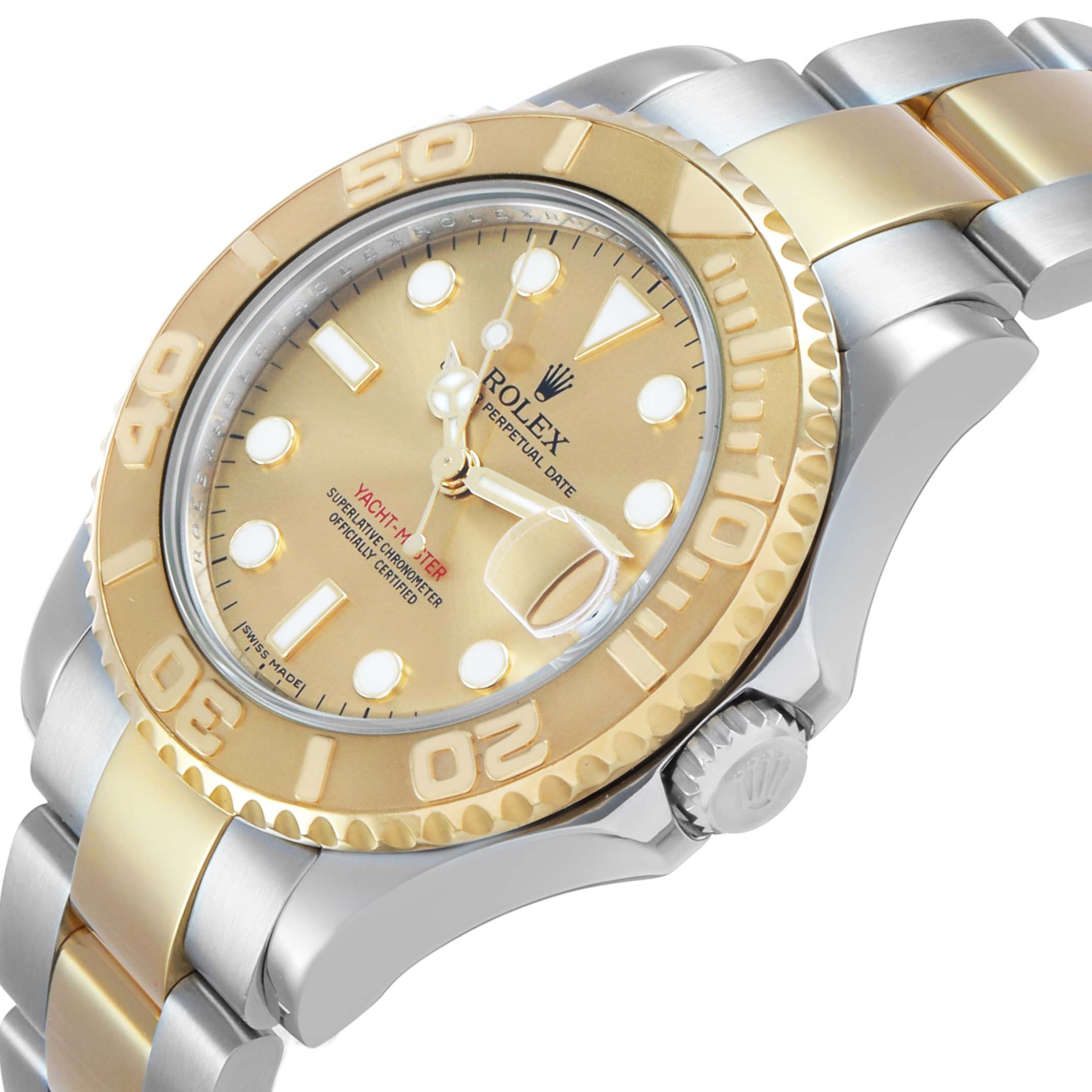 The Rolex Yacht-Master 168623 Men's Steel and Gold (two tone) Champagne Dial watch is shown at an angled view, highlighting the bezel, dial, crown, and part of the bracelet.
