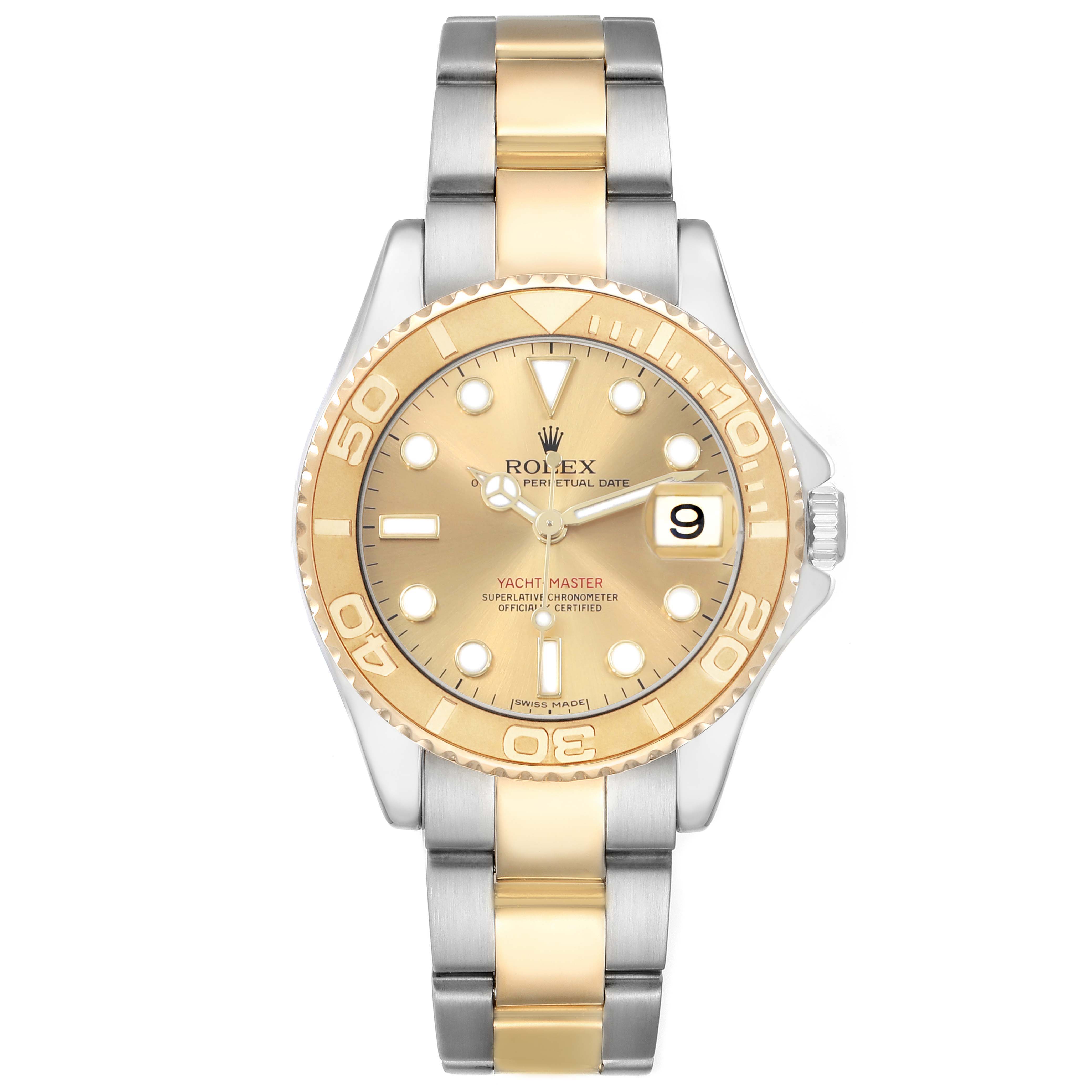 The Rolex Yacht-Master 168623 Men's Steel and Gold (two tone) Champagne Dial watch is shown from the front, highlighting its bezel, dial, and bracelet.