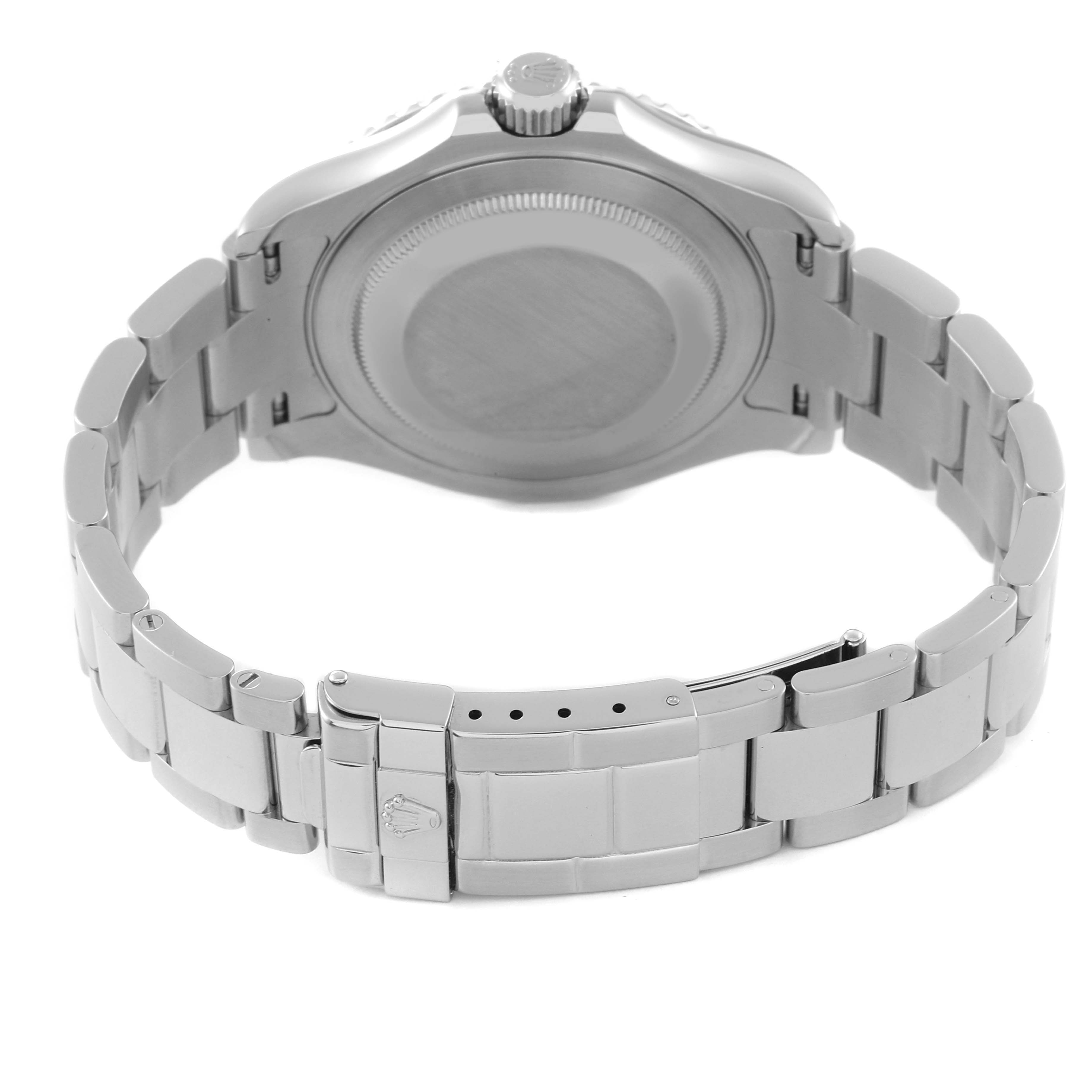 The image shows the back view of the Rolex Yacht-Master 16622 Men
s Stainless Steel Silver Dial 16622 Men
s Stainless Steel Silver Dial watch, focusing on the case back and bracelet with a closed clasp.