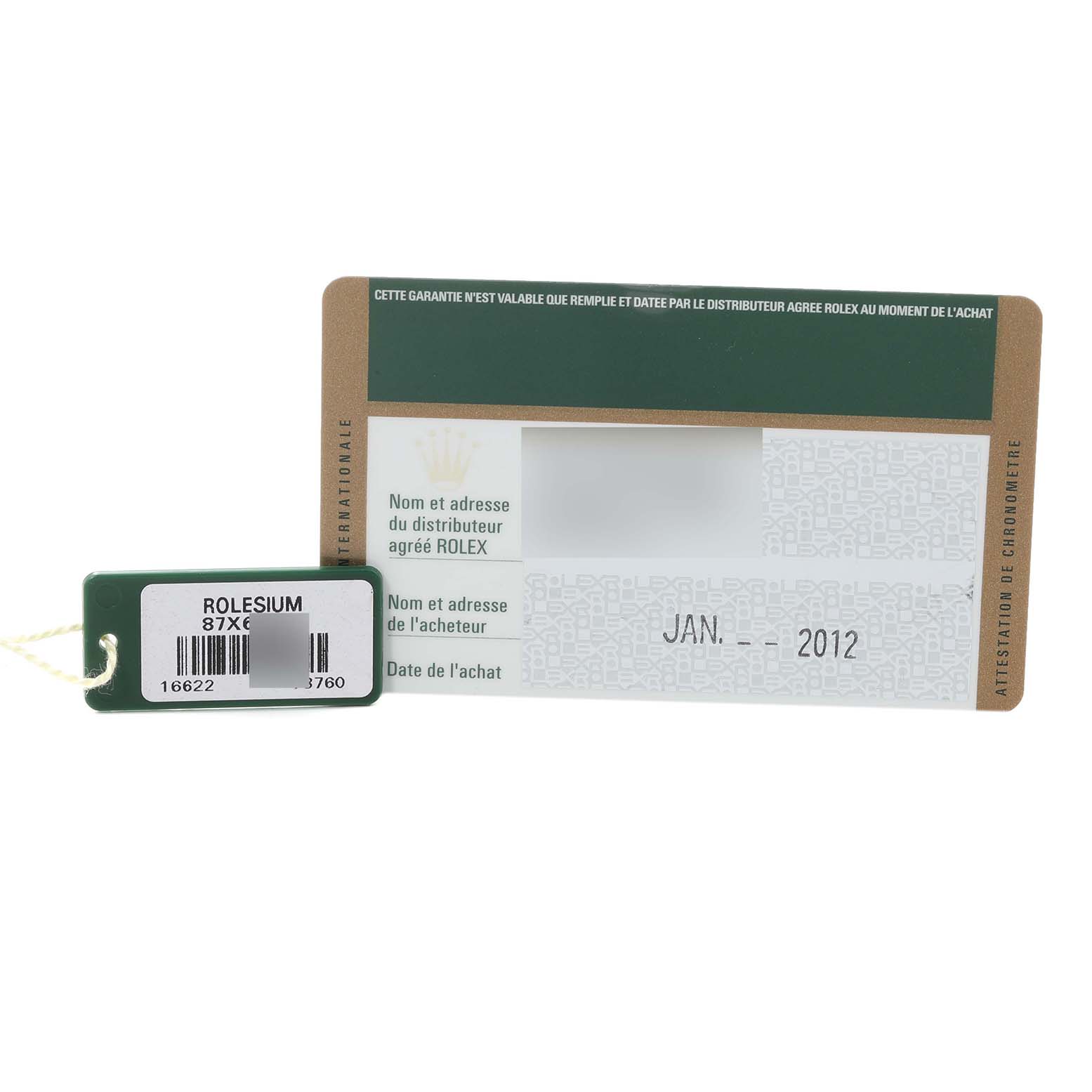 The image shows the warranty card and tag for a Rolex Yacht-Master 16622 Men
s Stainless Steel Silver Dial 16622 Men
s Stainless Steel Silver Dial watch, highlighting the model information and purchase date.