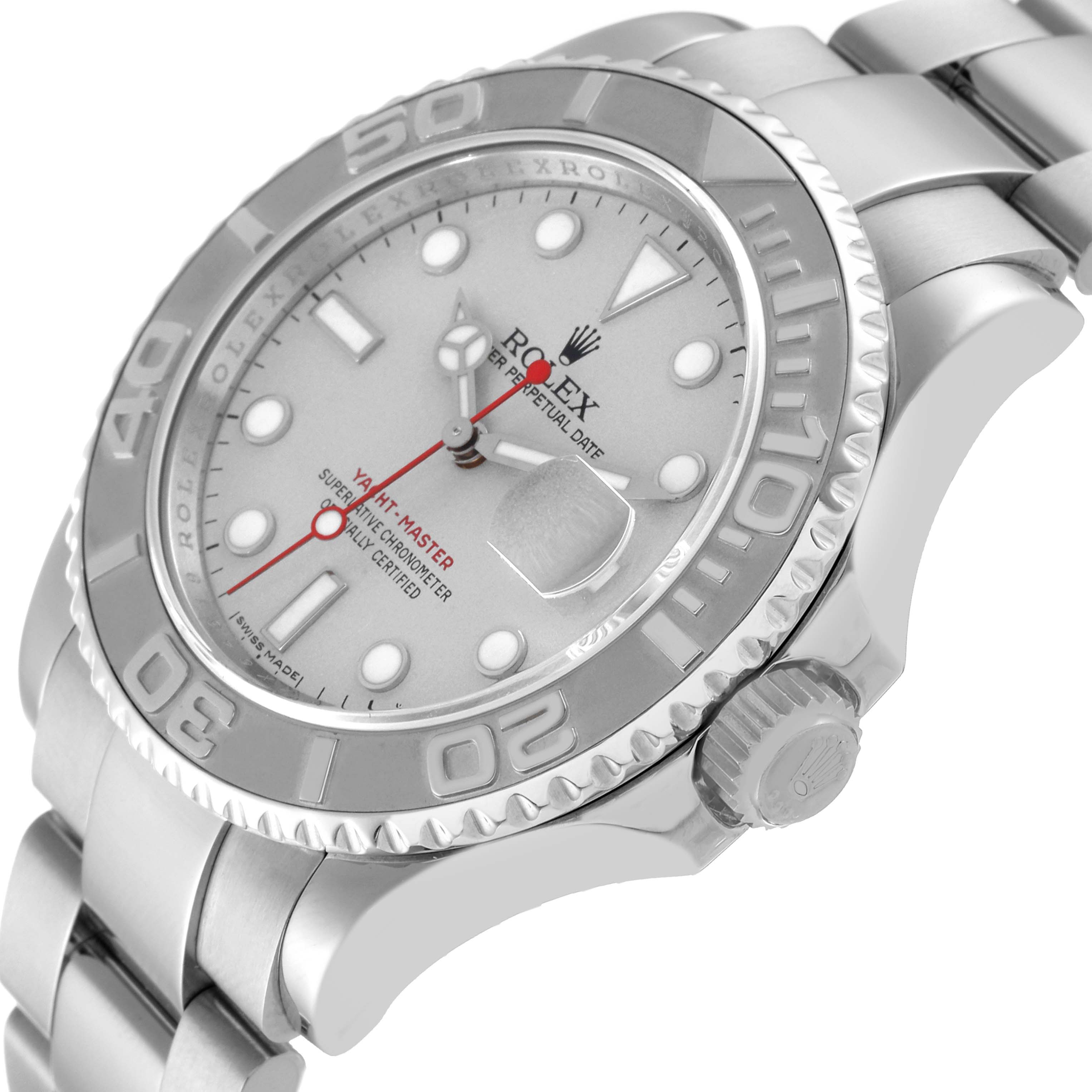 This image shows the dial, bezel, crown, and part of the bracelet of the Rolex Yacht-Master 16622 Men
s Stainless Steel Silver Dial 16622 Men
s Stainless Steel Silver Dial watch at an angled view.