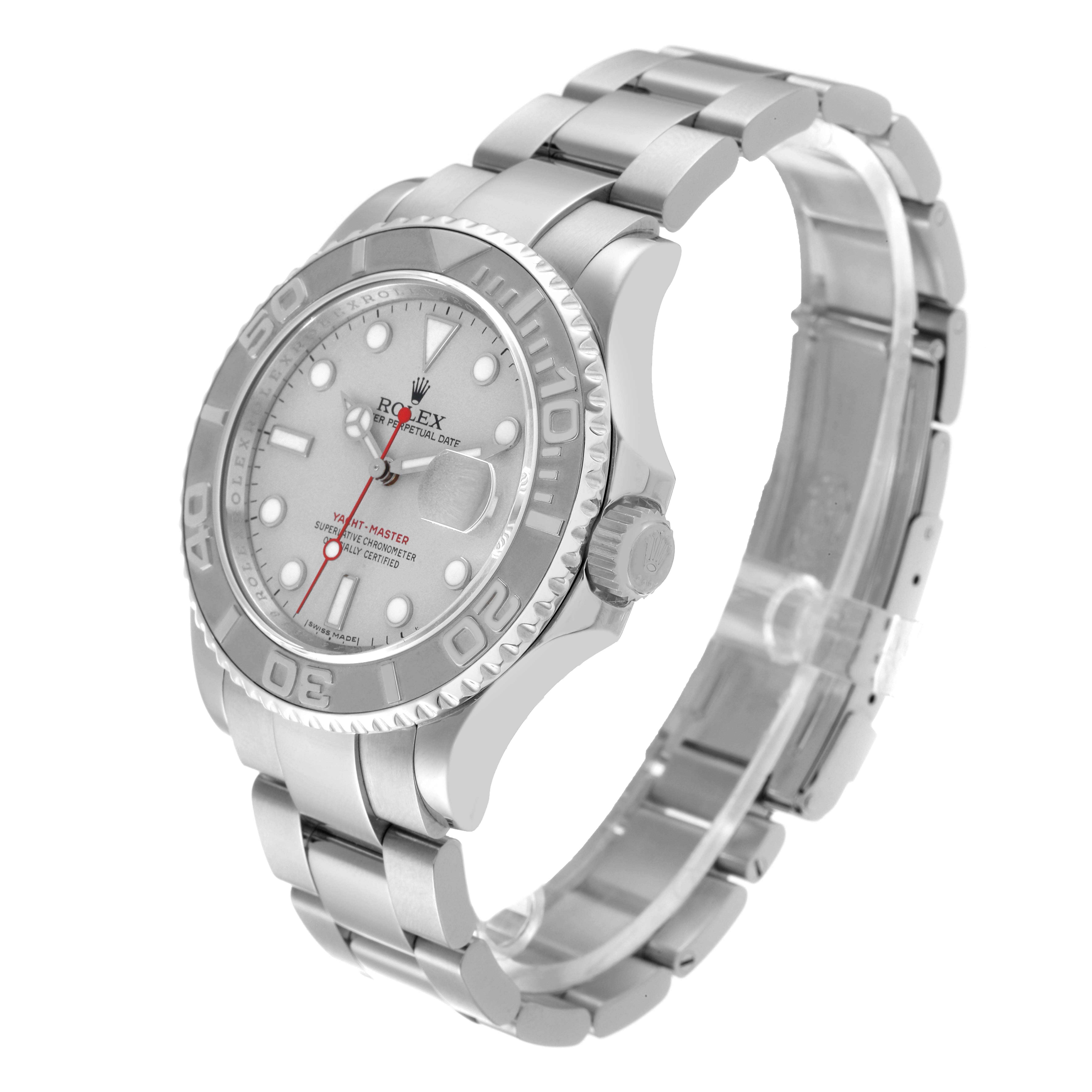 The image shows a side angle view of the Rolex Yacht-Master 16622 Men
s Stainless Steel Silver Dial 16622 Men
s Stainless Steel Silver Dial watch, highlighting the case, bezel, dial, and bracelet.