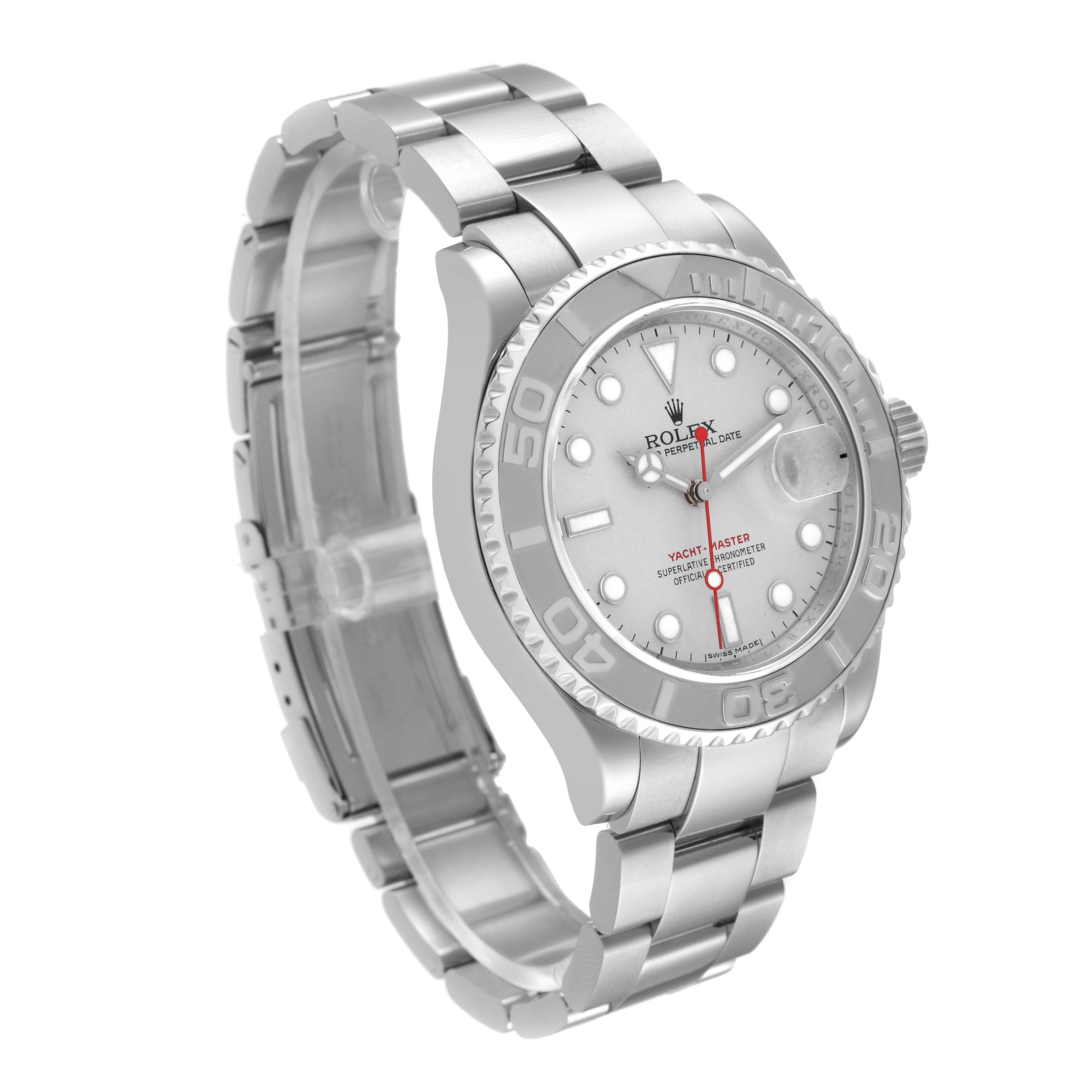 The image shows a side angle of a Rolex Yacht-Master 16622 Men
s Stainless Steel Silver Dial 16622 Men
s Stainless Steel Silver Dial watch, highlighting its bracelet, bezel, and dial.