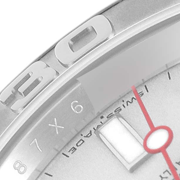 Close-up of the Rolex Yacht-Master 16622 Men
s Stainless Steel Silver Dial 16622 Men
s Stainless Steel Silver Dial watch, showing part of the bezel, the number 30, the 7-8 markers, and the red second hand.