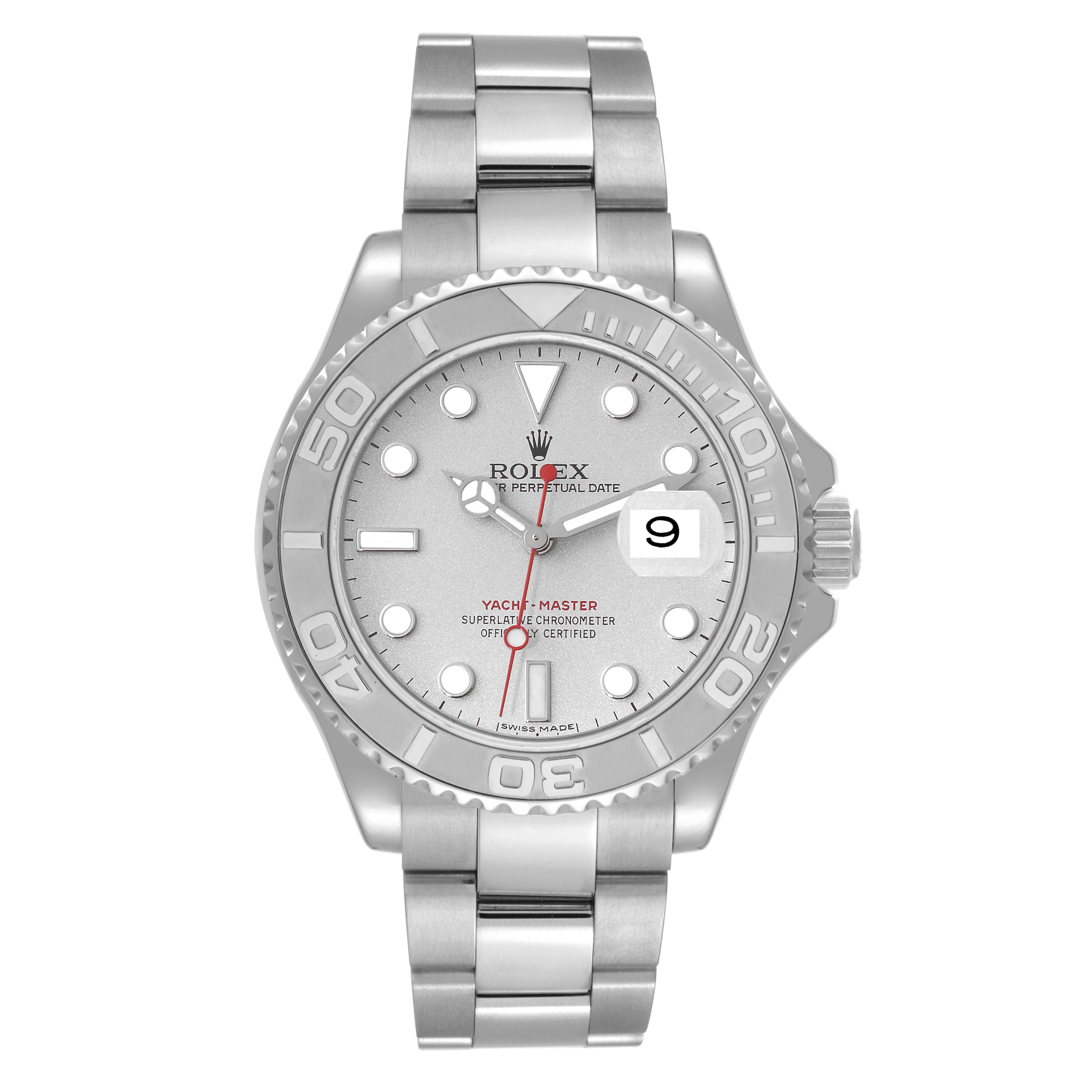 This image shows a front view of the Rolex Yacht-Master 16622 Men
s Stainless Steel Silver Dial 16622 Men
s Stainless Steel Silver Dial watch featuring its dial, bezel, bracelet, and crown.