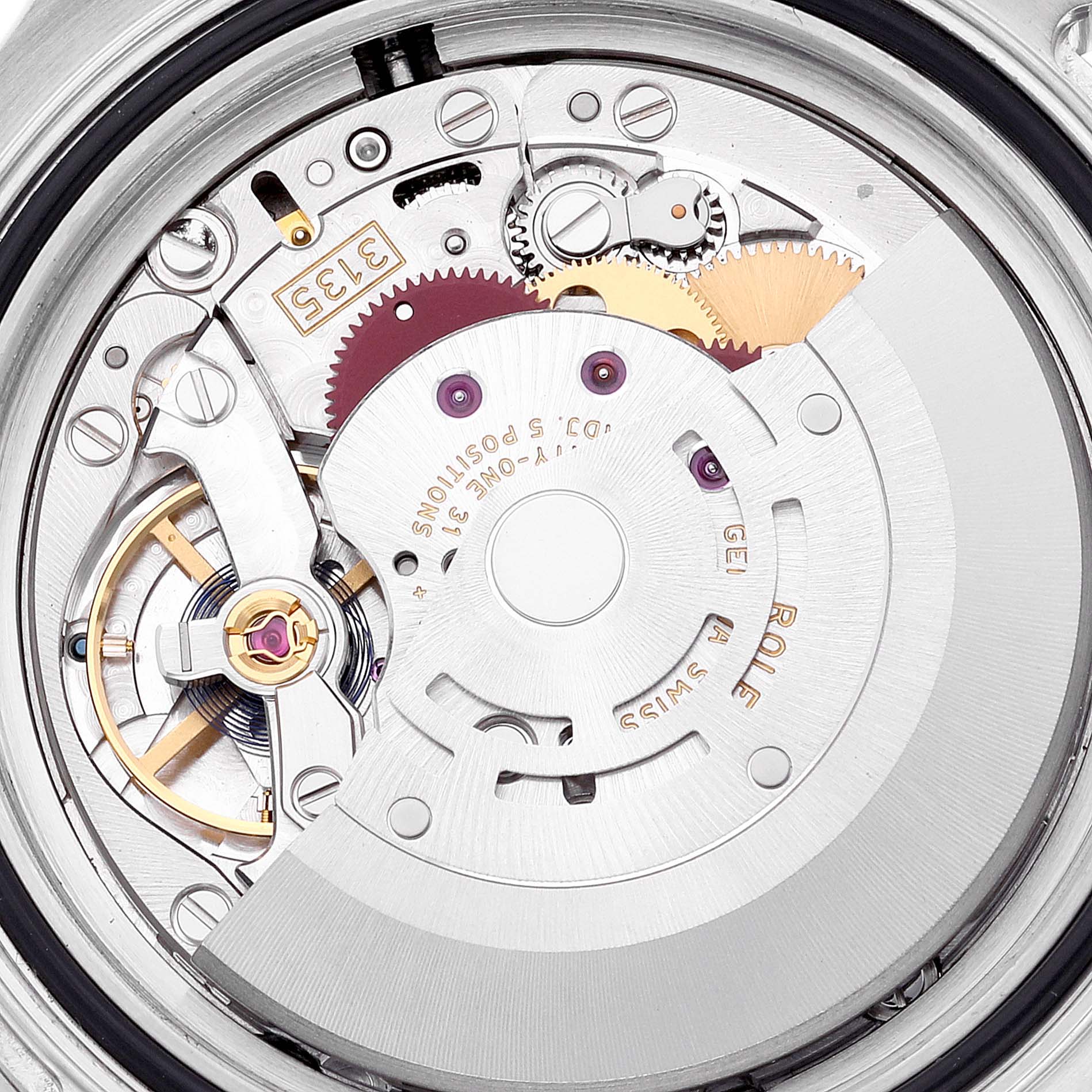This image shows the internal movement mechanism of the Rolex Yacht-Master 16622 Men
s Stainless Steel Silver Dial 16622 Men
s Stainless Steel Silver Dial watch from a top-down angle.