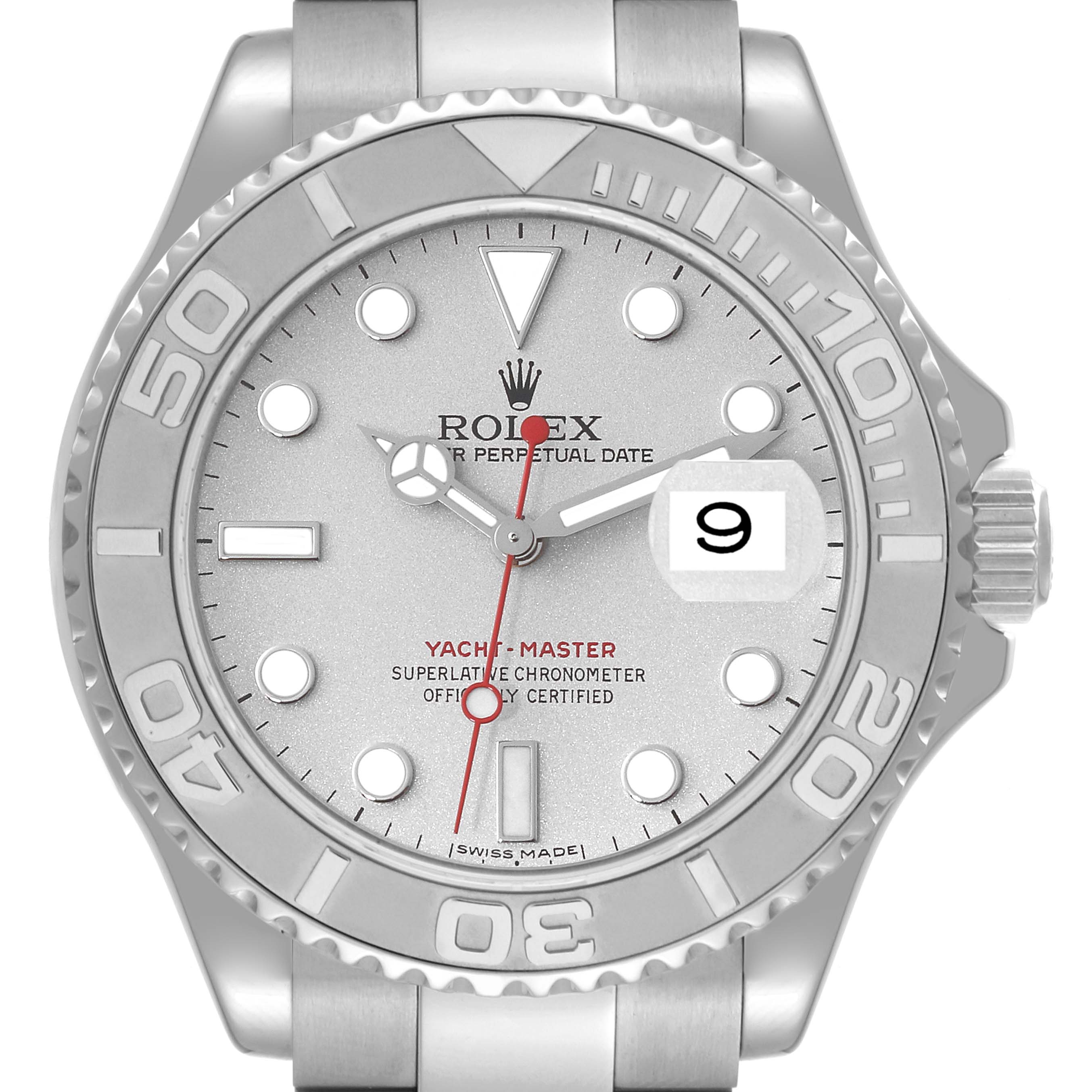 This is a frontal view of the Rolex Yacht-Master 16622 Men
s Stainless Steel Silver Dial 16622 Men
s Stainless Steel Silver Dial watch showing the dial, bezel, crown, and part of the bracelet.