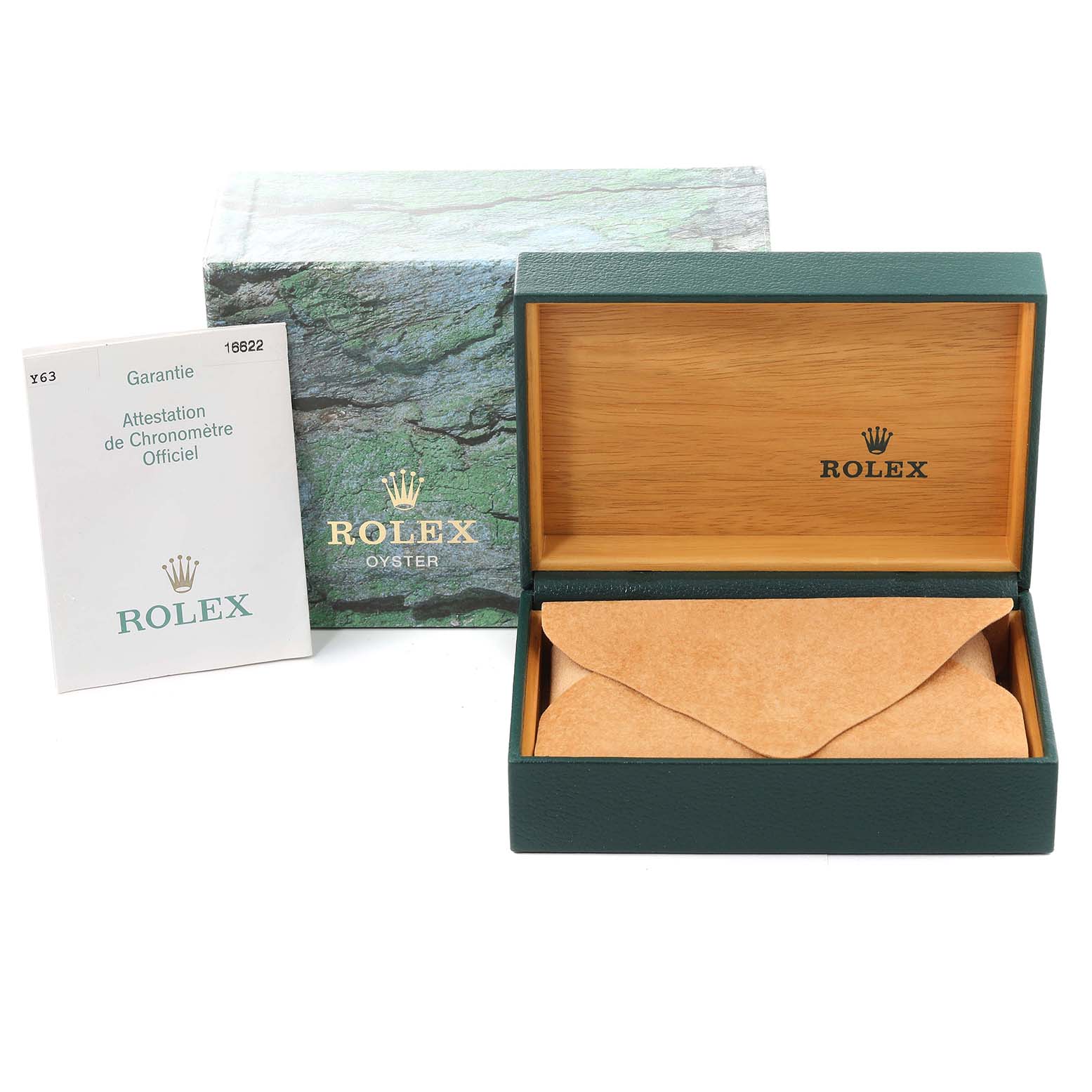 The image shows the packaging of a Rolex Yacht-Master 16622 Men's Stainless Steel Silver Dial 16622 Men's Stainless Steel Silver Dial, including the box, warranty card, and papers.