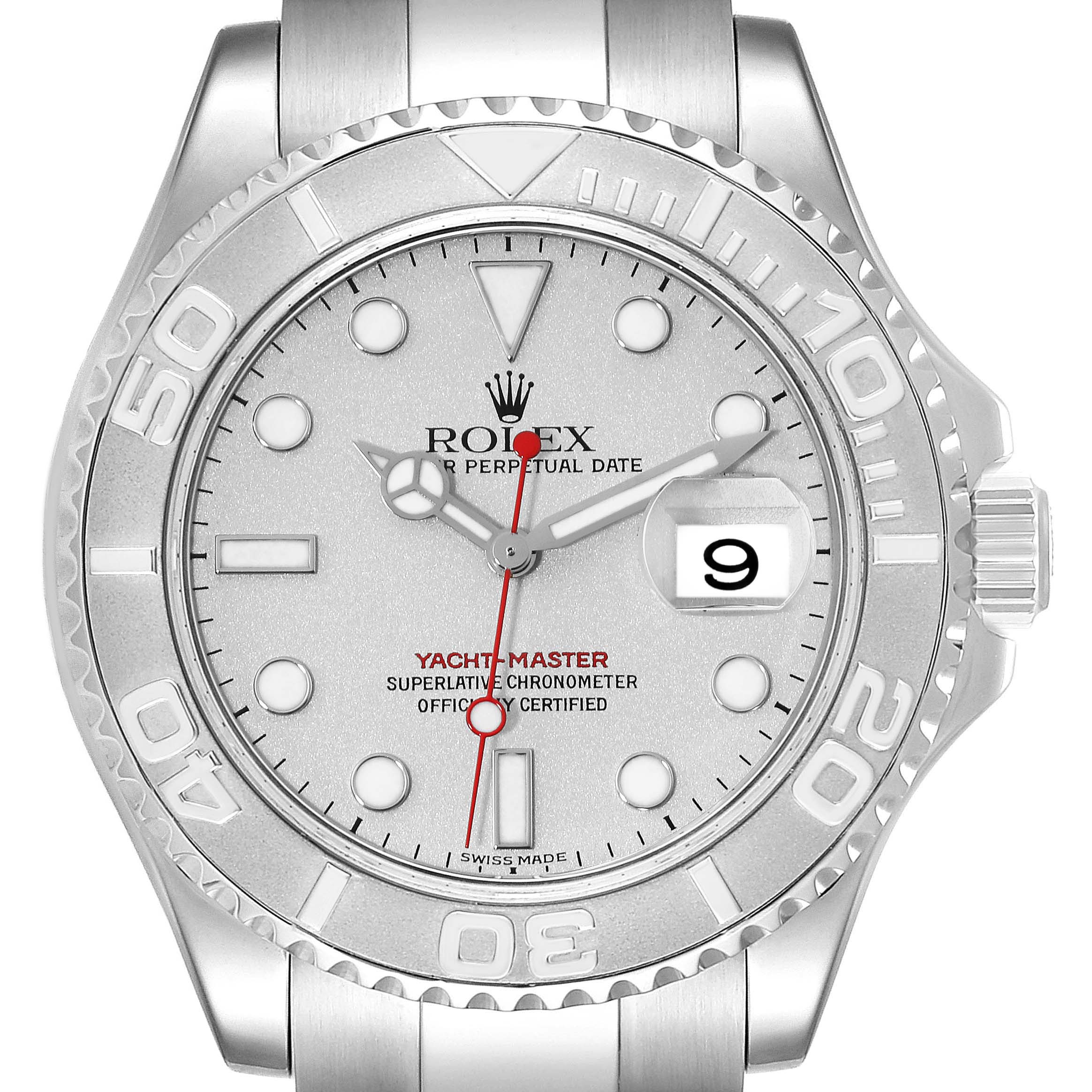 The image shows a frontal view of the Rolex Yacht-Master 16622 Men's Stainless Steel Silver Dial 16622 Men's Stainless Steel Silver Dial watch, highlighting the dial, bezel, hands, markers, and date window.