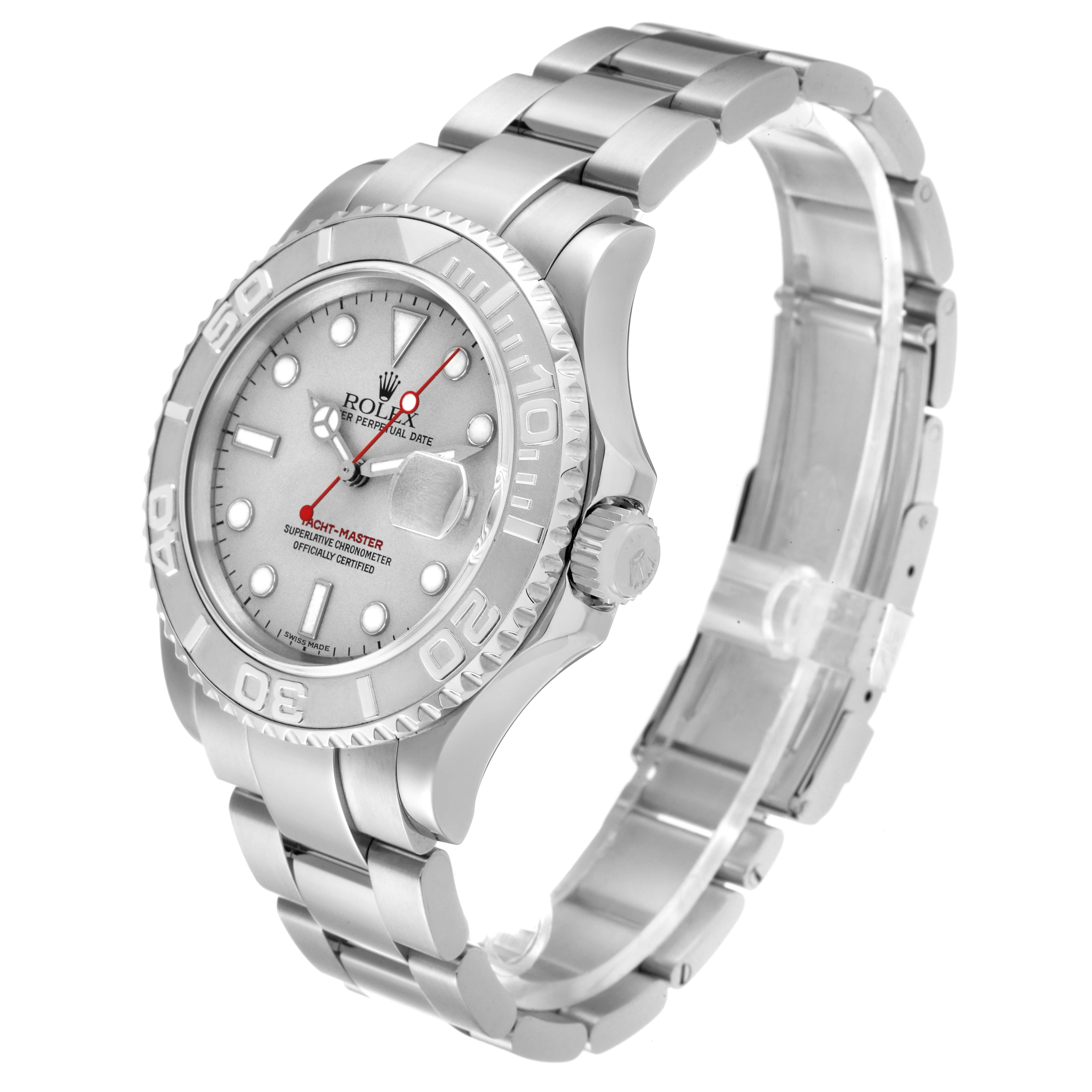 The Rolex Yacht-Master 16622 Men's Stainless Steel Silver Dial 16622 Men's Stainless Steel Silver Dial watch is shown at a three-quarter angle, displaying the face, crown, bezel, and bracelet.