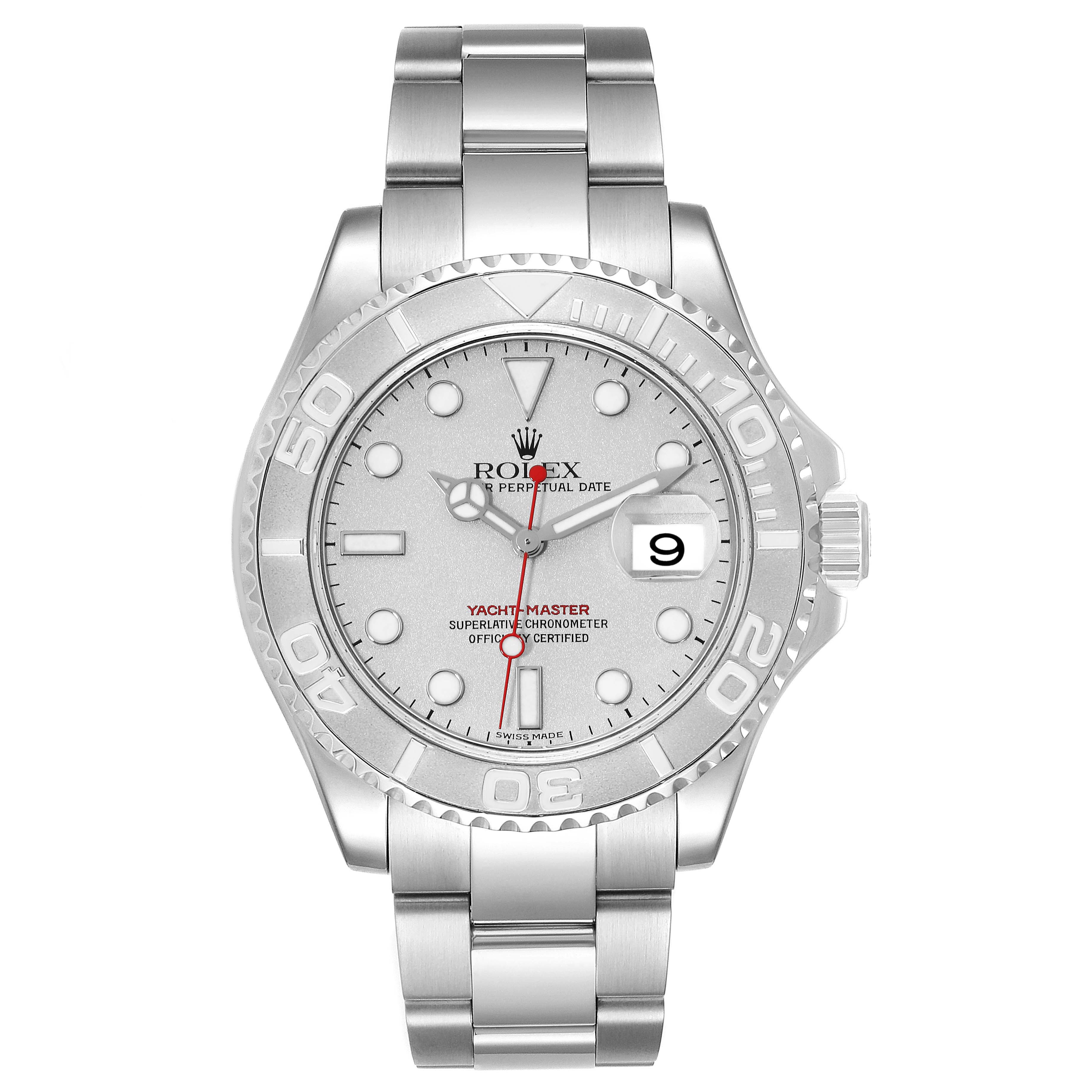 The image shows a front view of the Rolex Yacht-Master 16622 Men's Stainless Steel Silver Dial 16622 Men's Stainless Steel Silver Dial watch, displaying the dial, bezel, and bracelet.