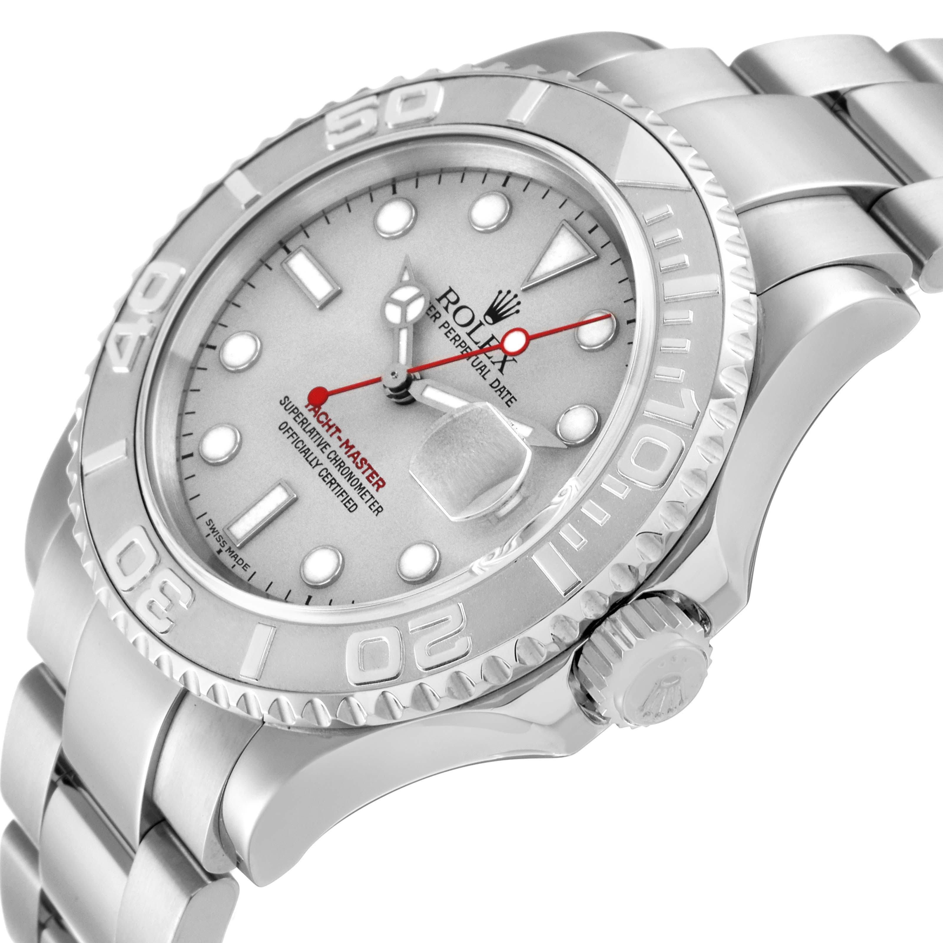 The image shows a side angle of a Rolex Yacht-Master 16622 Men's Stainless Steel Silver Dial 16622 Men's Stainless Steel Silver Dial watch, highlighting the face, bezel, and bracelet.
