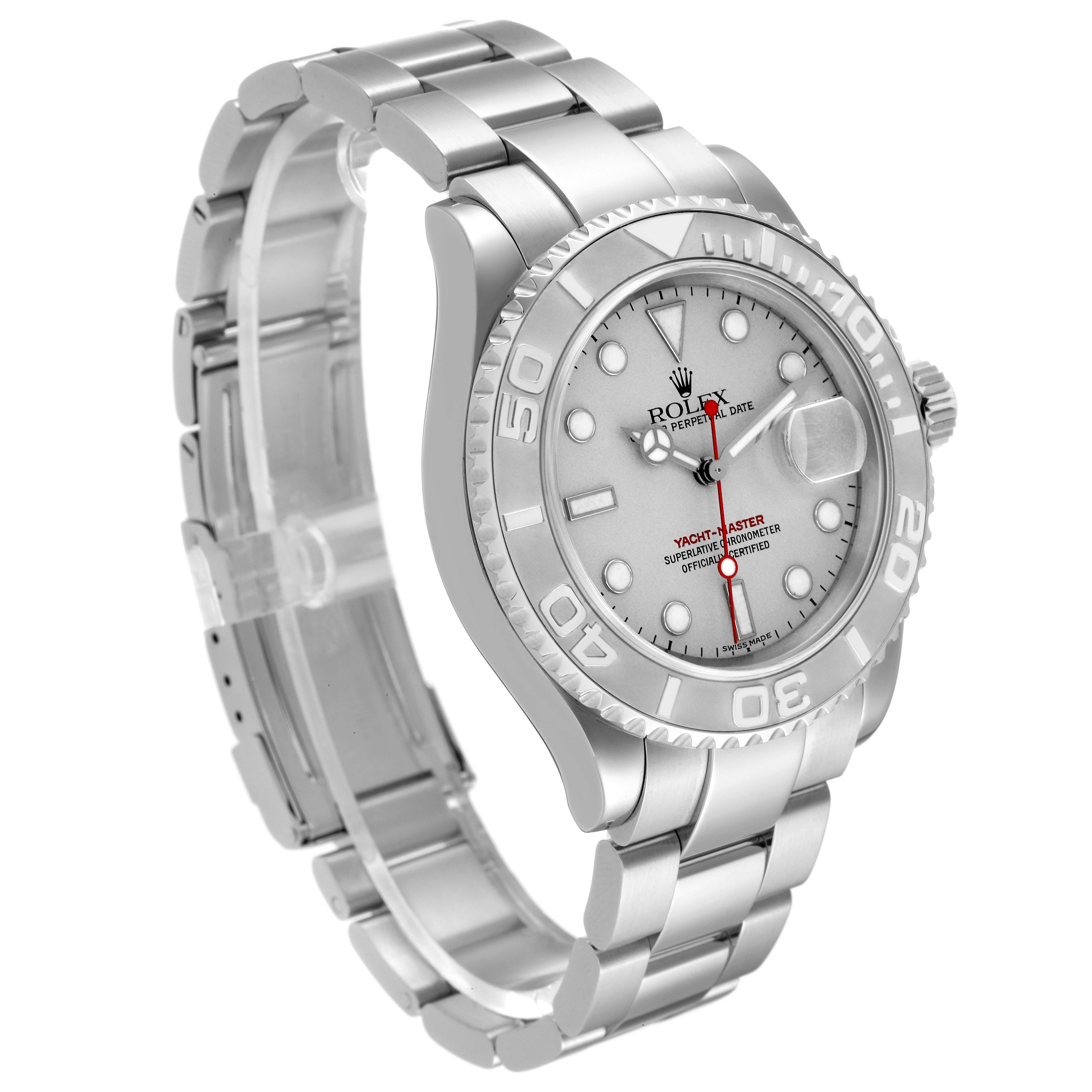 The Rolex Yacht-Master 16622 Men's Stainless Steel Silver Dial 16622 Men's Stainless Steel Silver Dial watch is shown in a three-quarter view, highlighting the face, bezel, and bracelet.