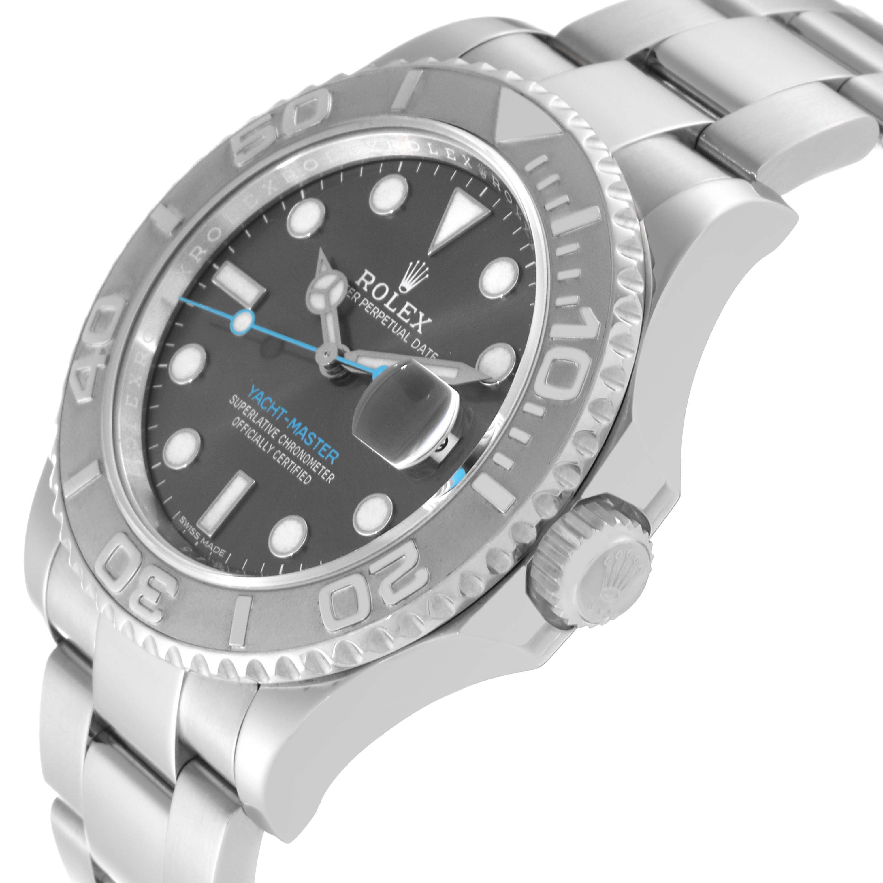 The image shows a close-up, angled view of a Rolex Yacht-Master 116622 Men's Stainless Steel Grey Dial 116622 Men's Stainless Steel Grey Dial watch, highlighting the dial, bezel, crown, and part of the bracelet.