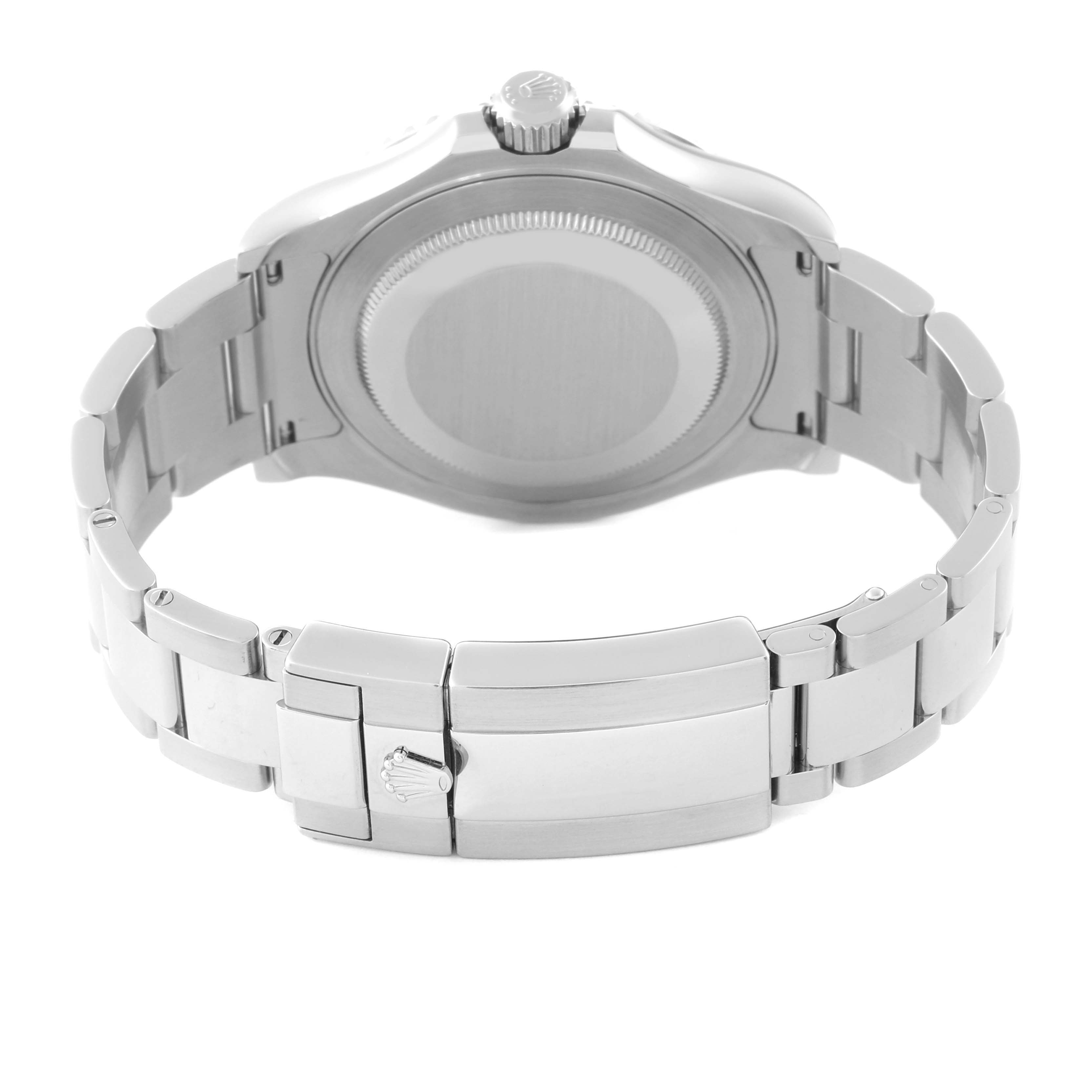 The Rolex Yacht-Master 116622 Men's Stainless Steel Grey Dial 116622 Men's Stainless Steel Grey Dial watch is shown from the back, featuring its clasp and bracelet.