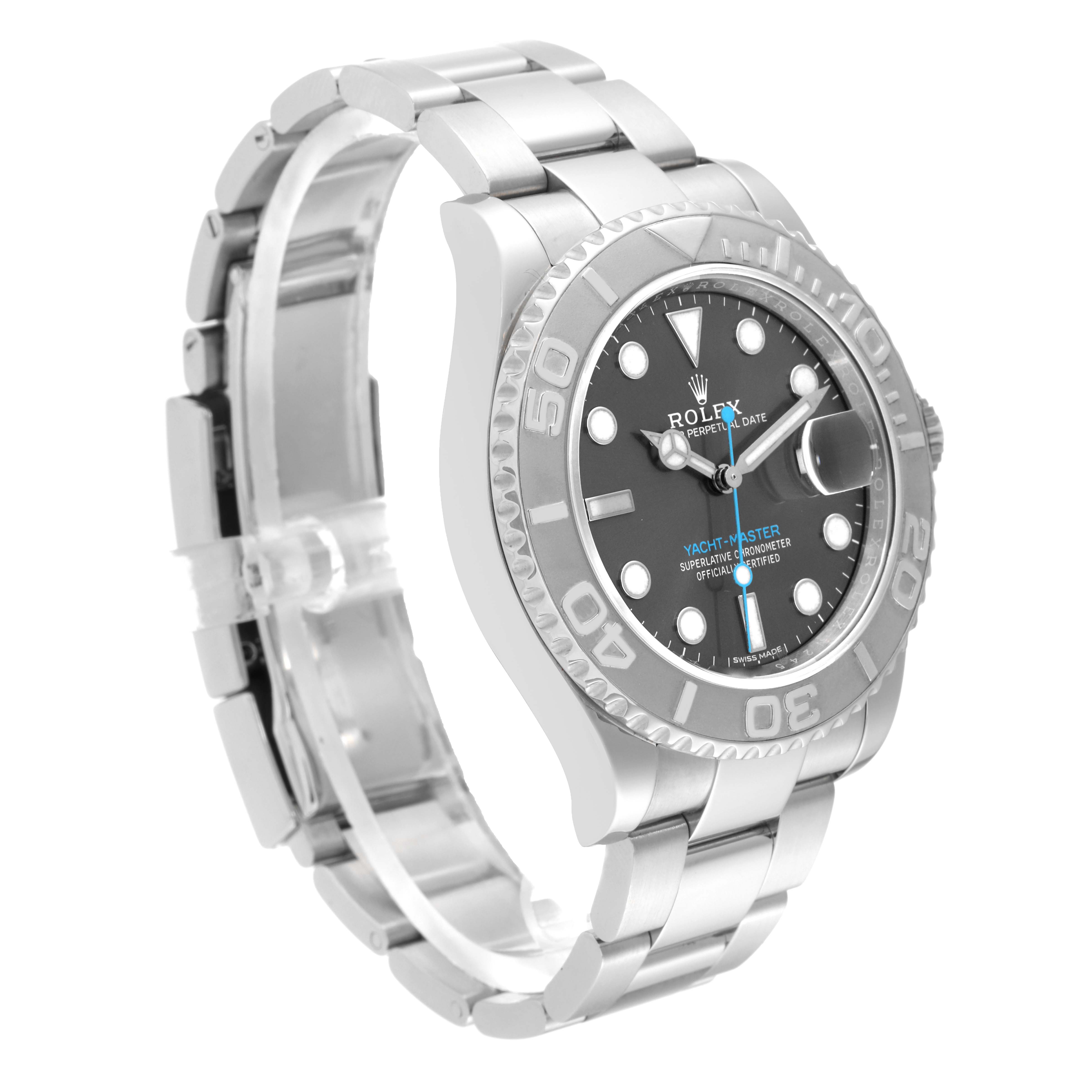 The image shows a side angle view of the Rolex Yacht-Master 116622 Men's Stainless Steel Grey Dial 116622 Men's Stainless Steel Grey Dial, highlighting the bezel, dial, and bracelet.