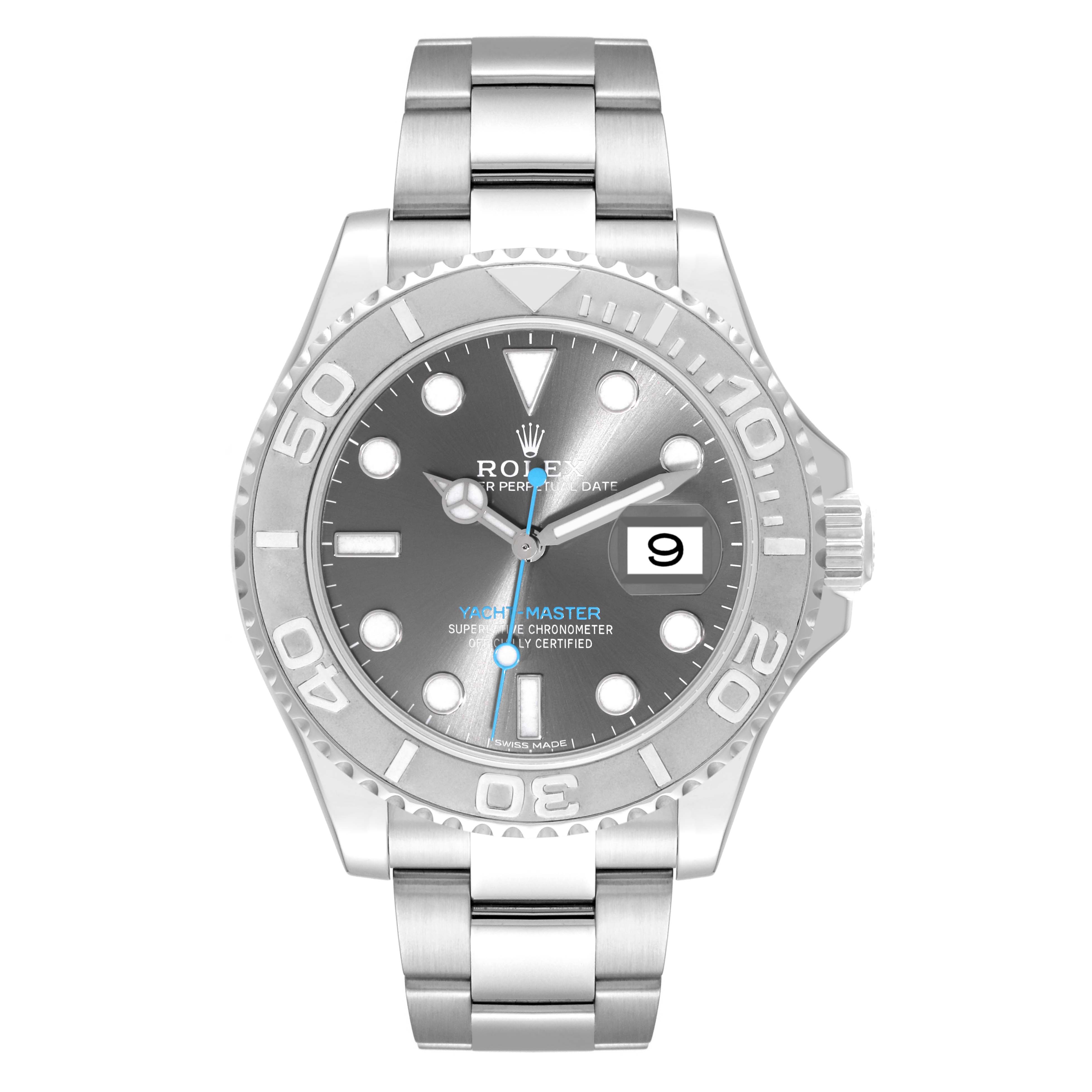 The image shows a front view of the Rolex Yacht-Master 116622 Men's Stainless Steel Grey Dial 116622 Men's Stainless Steel Grey Dial watch, highlighting the face, hands, date window, and band.