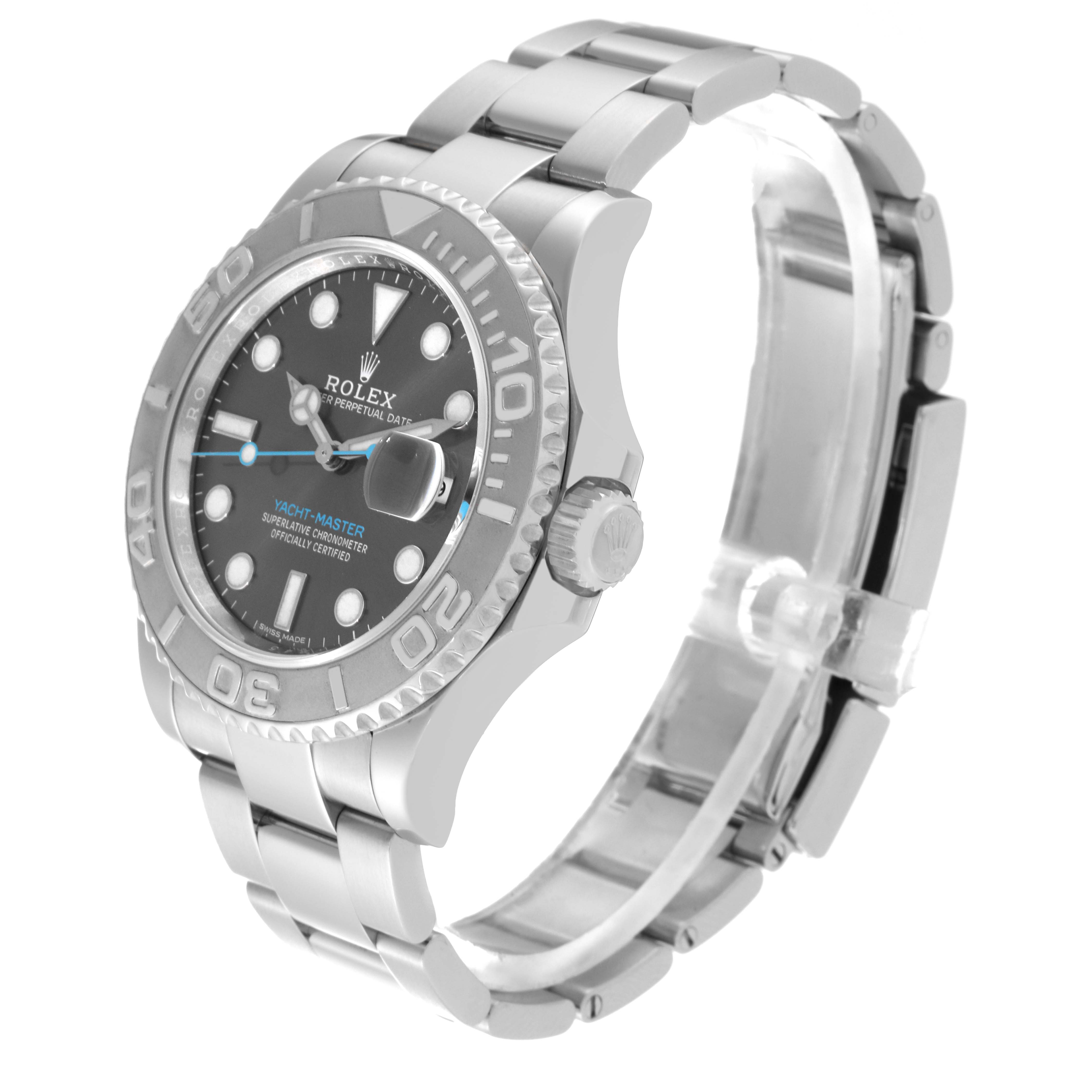 The Rolex Yacht-Master 116622 Men's Stainless Steel Grey Dial 116622 Men's Stainless Steel Grey Dial watch is shown at an angle displaying the face, bezel, crown, and a partial view of the bracelet.