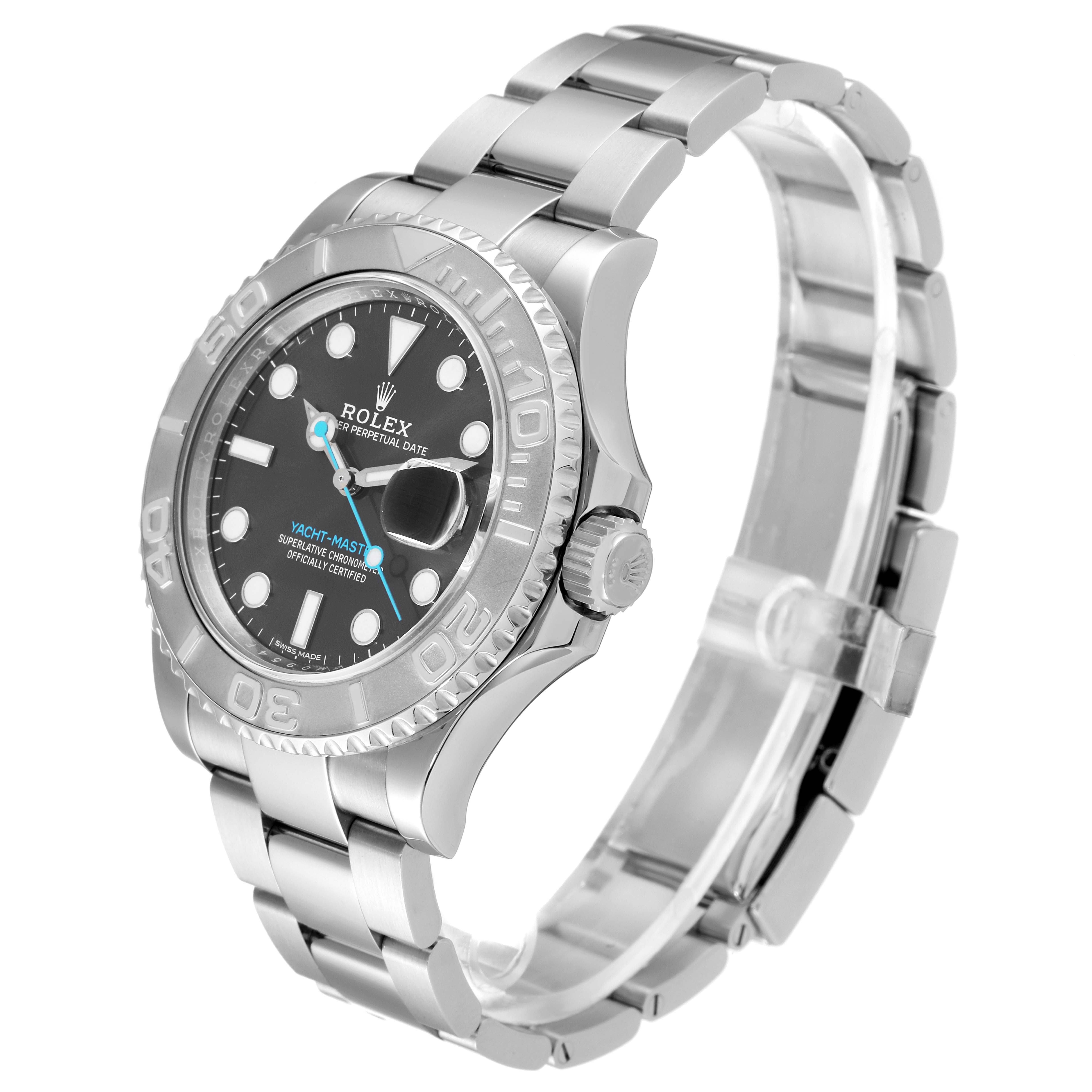 The image shows a side angle of the Rolex Yacht-Master 116622 Men's Stainless Steel Grey Dial 116622 Men's Stainless Steel Grey Dial watch, highlighting its dial, bezel, and bracelet.