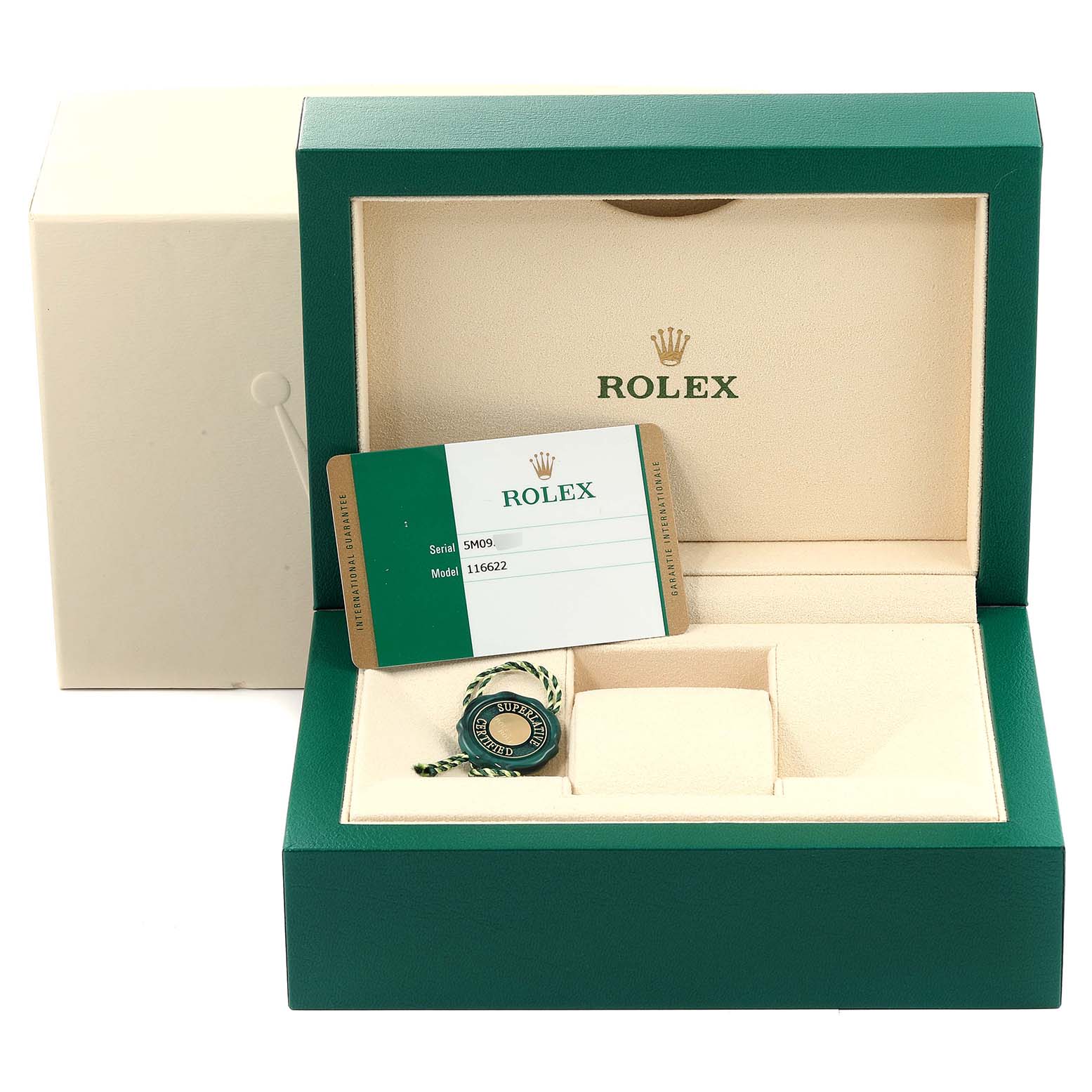 The image shows an open Rolex Yacht-Master 116622 Men's Stainless Steel Grey Dial 116622 Men's Stainless Steel Grey Dial watch box with an authenticity card and a Rolex tag inside.