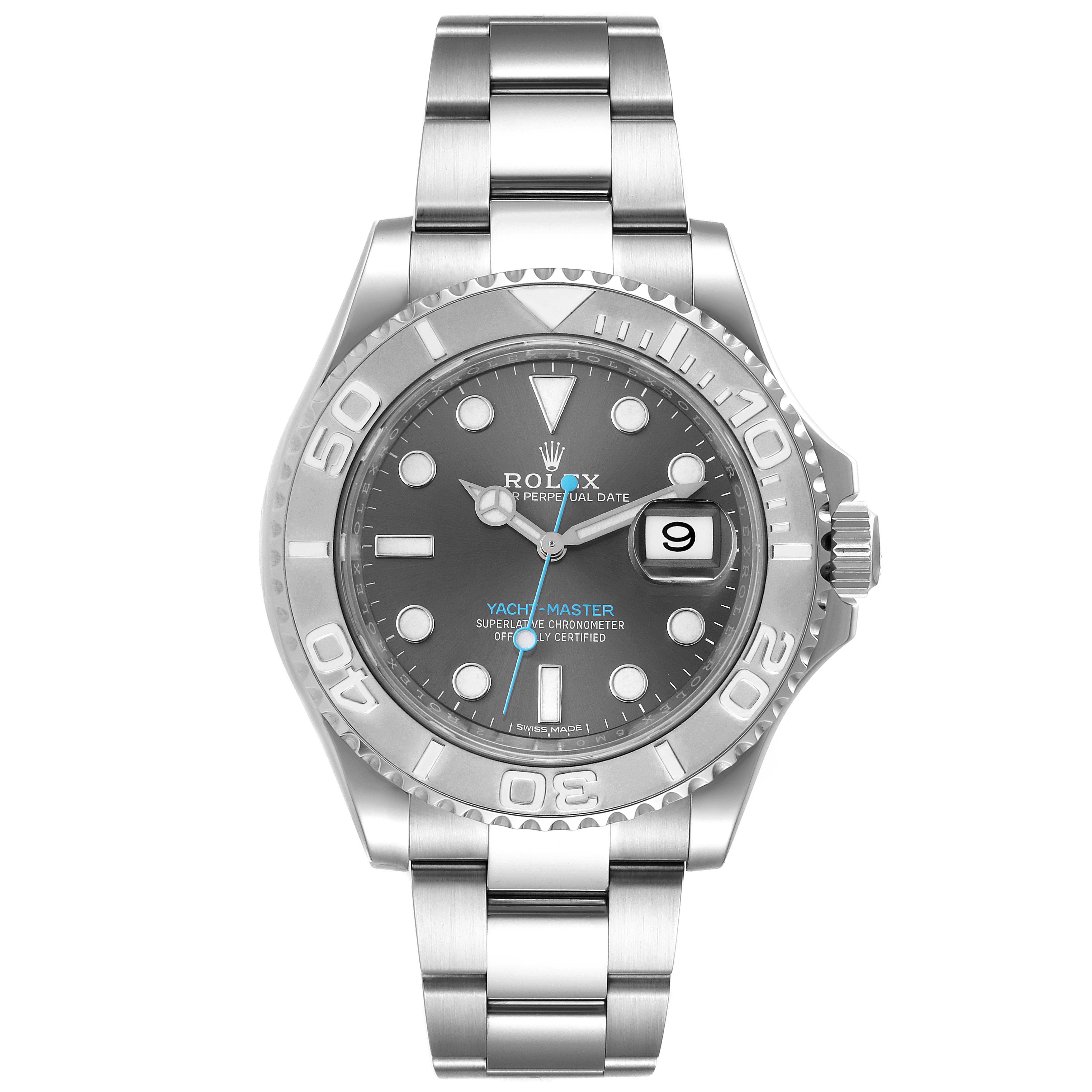 This image shows a front view of a Rolex Yacht-Master 116622 Men's Stainless Steel Grey Dial 116622 Men's Stainless Steel Grey Dial watch, displaying the dial, bezel, and bracelet.