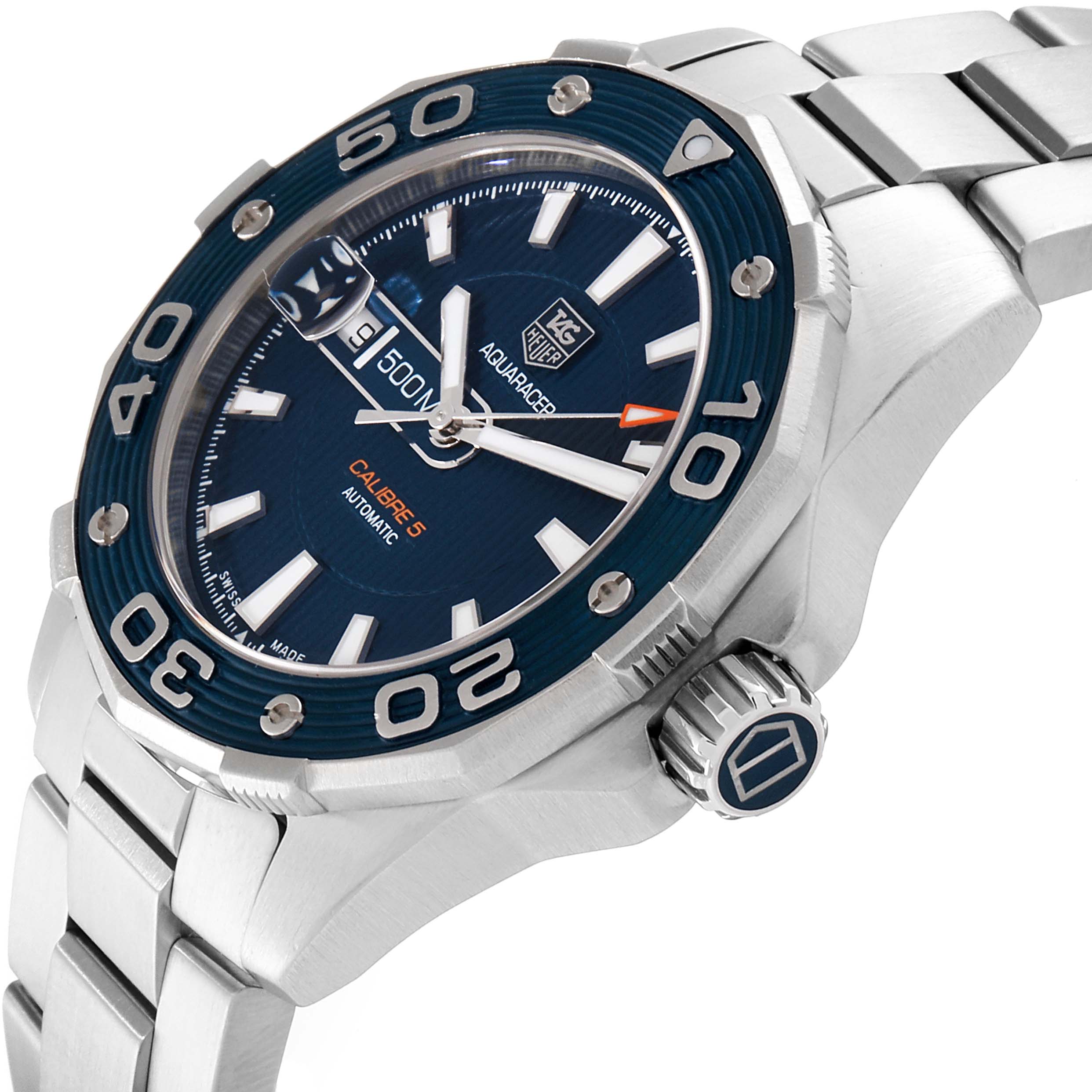 The image shows a Tag Heuer Aquaracer WAJ2112 Men's Stainless Steel Blue Dial WAJ2112 Men's Stainless Steel Blue Dial watch from an angled side view, highlighting the bezel, crown, dial, and part of the bracelet.