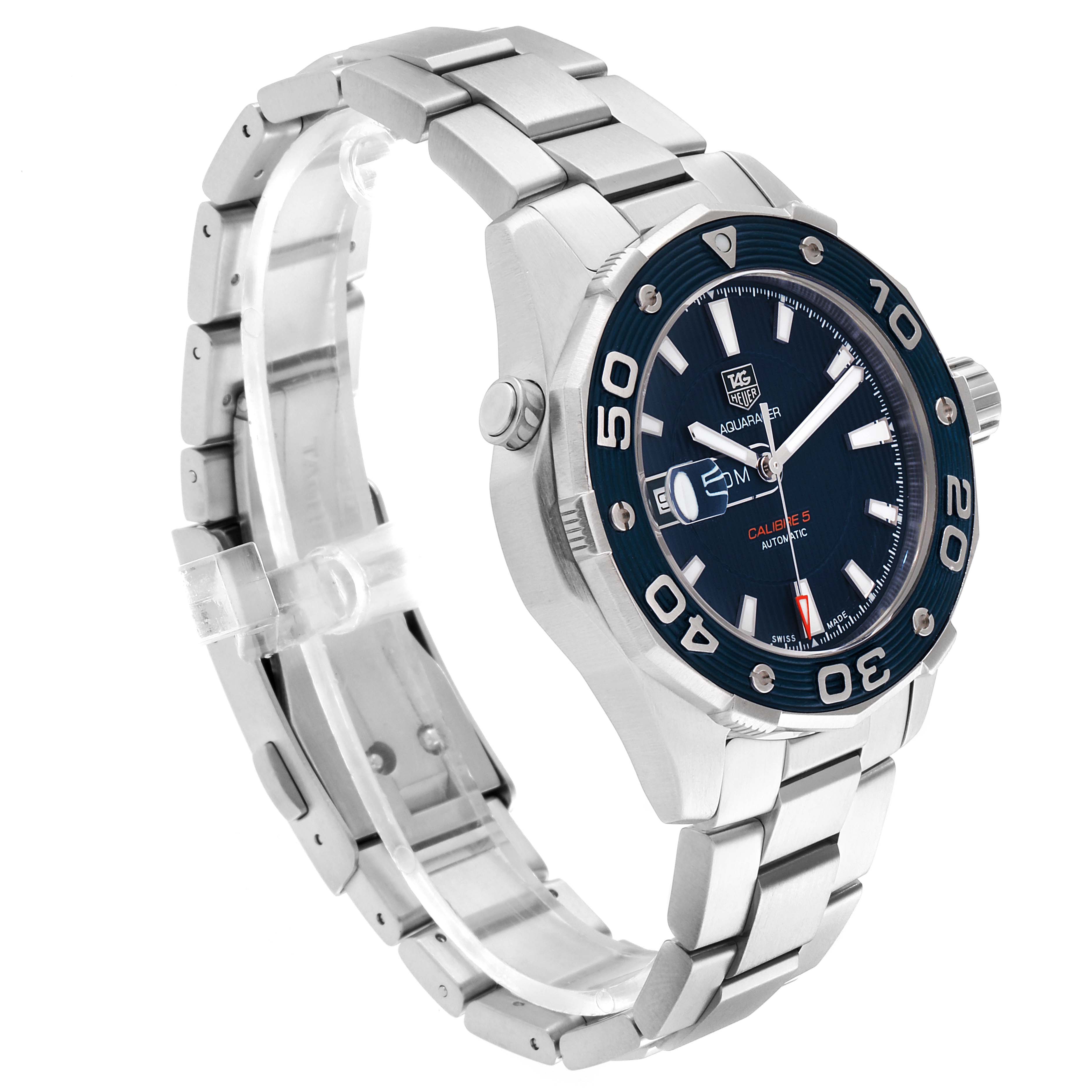 The image shows a Tag Heuer Aquaracer WAJ2112 Men's Stainless Steel Blue Dial WAJ2112 Men's Stainless Steel Blue Dial watch, angled to display the face, bezel, crown, and parts of the metal bracelet.