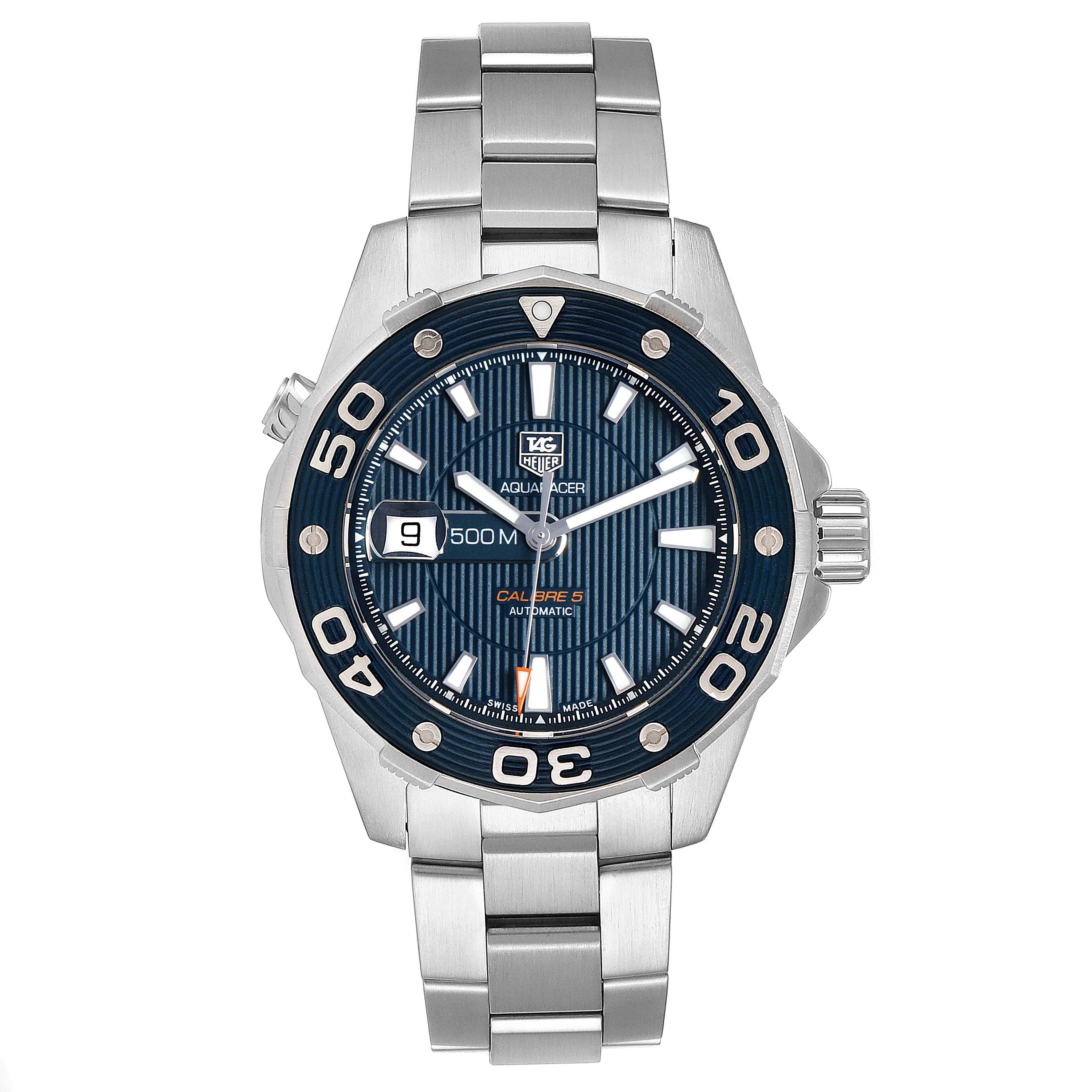 This image shows a front view of a Tag Heuer Aquaracer WAJ2112 Men's Stainless Steel Blue Dial WAJ2112 Men's Stainless Steel Blue Dial watch, displaying the dial, hands, bezel, and metal bracelet.