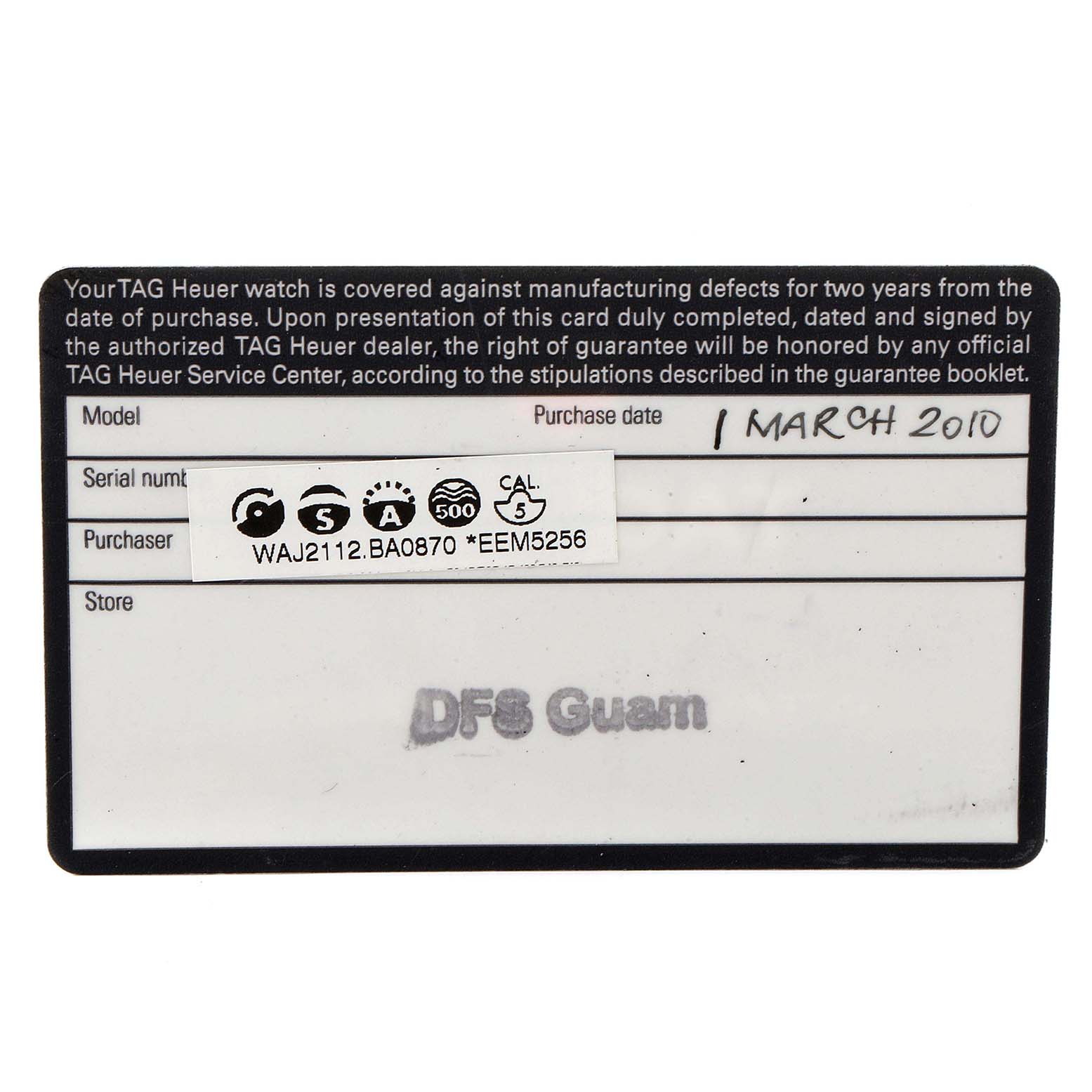 This image shows the warranty card for a Tag Heuer Aquaracer WAJ2112 Men's Stainless Steel Blue Dial WAJ2112 Men's Stainless Steel Blue Dial watch, detailing model number, purchaser, and purchase date.