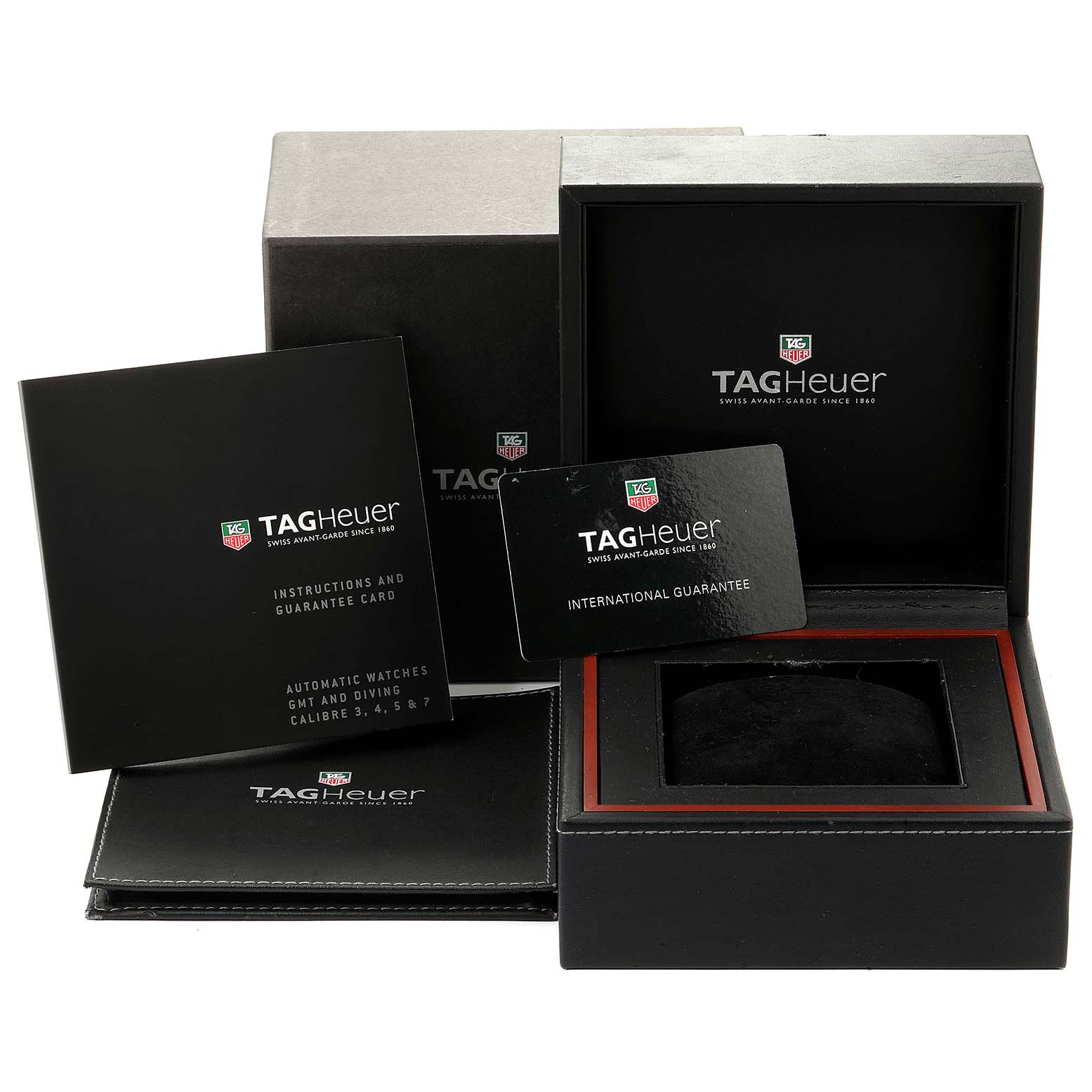 The image shows the packaging, instruction manual, guarantee card, and display box for the Tag Heuer Aquaracer WAJ2112 Men's Stainless Steel Blue Dial WAJ2112 Men's Stainless Steel Blue Dial model.