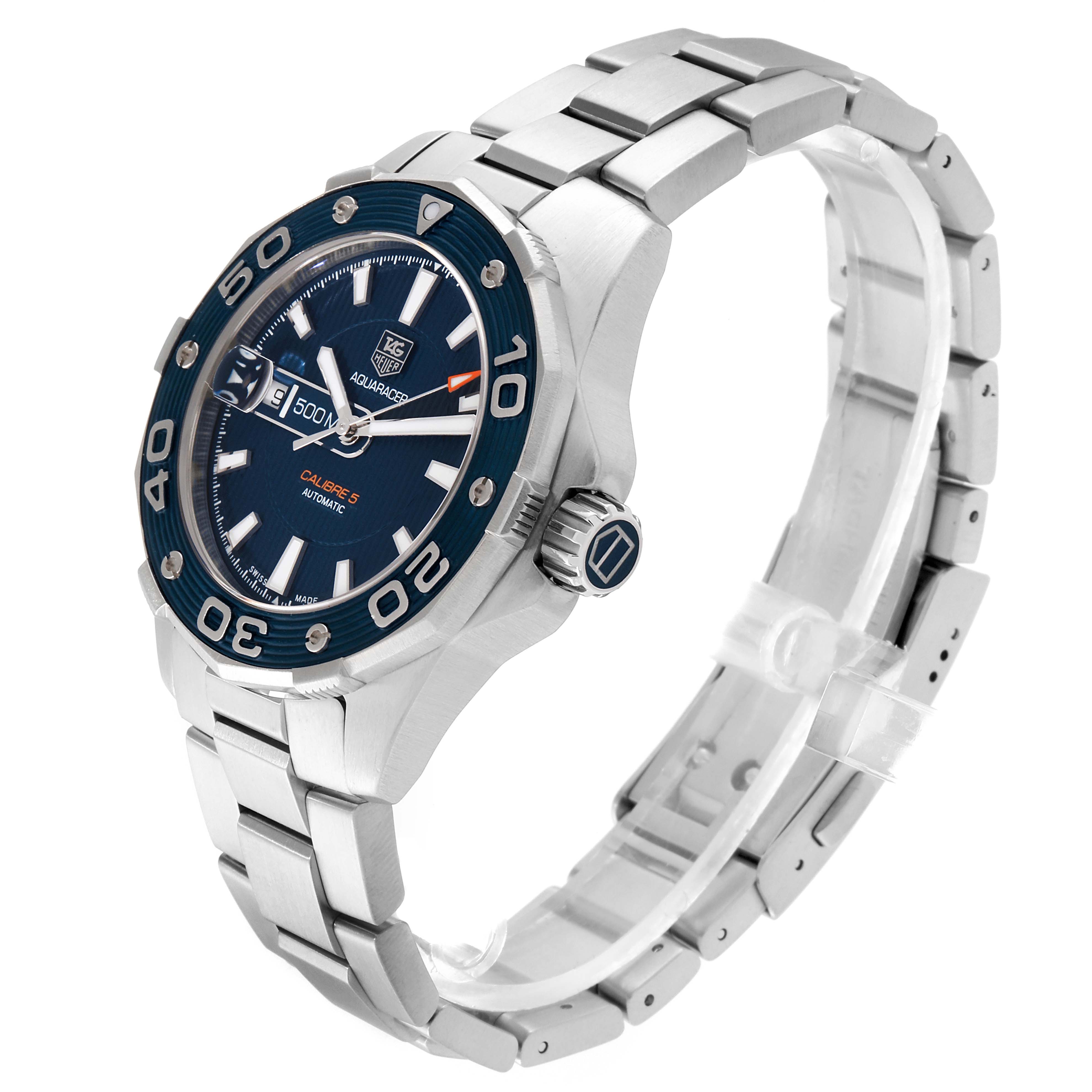 The image shows a Tag Heuer Aquaracer WAJ2112 Men's Stainless Steel Blue Dial WAJ2112 Men's Stainless Steel Blue Dial watch from an angled perspective, displaying its face, bezel, crown, and bracelet.