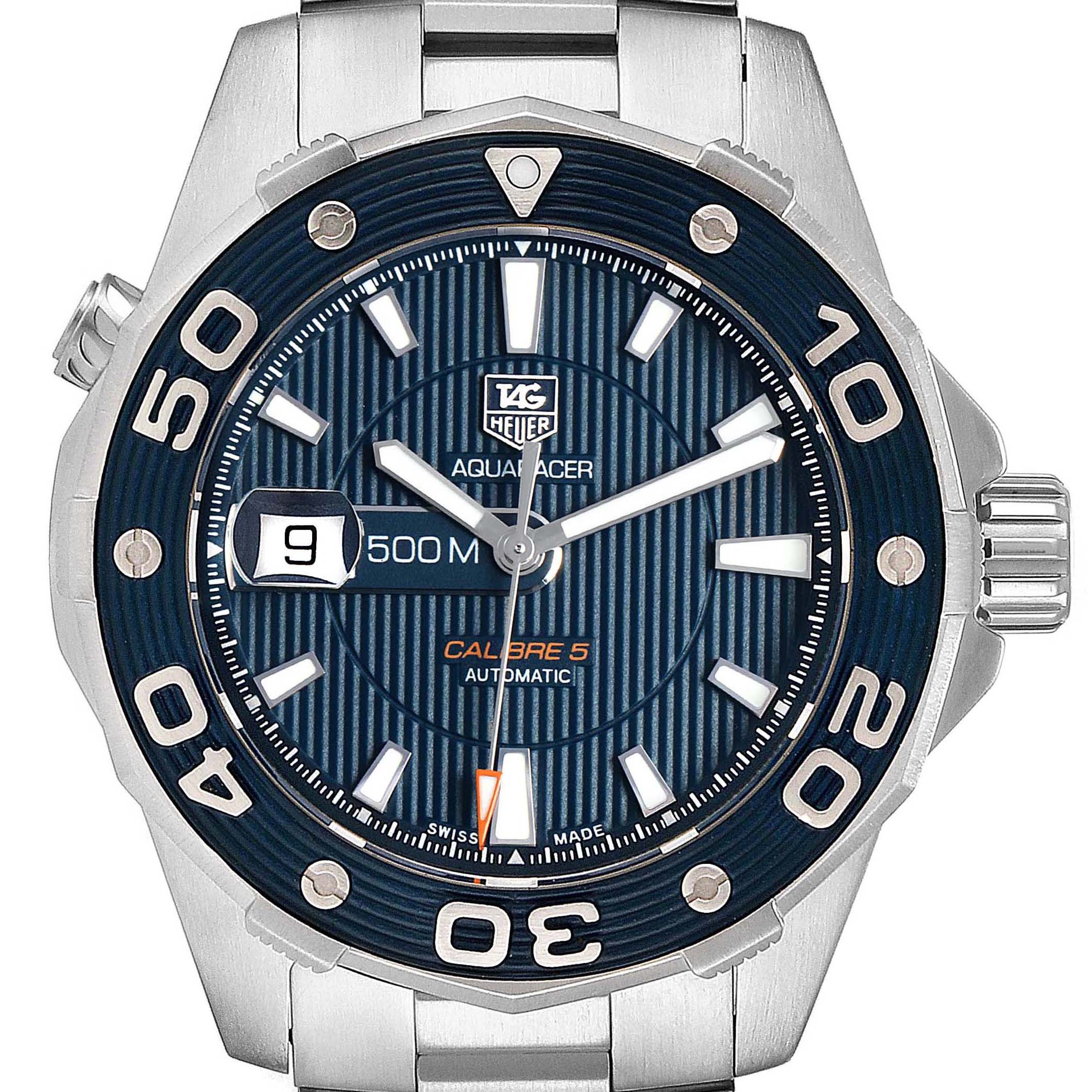 The Tag Heuer Aquaracer WAJ2112 Men's Stainless Steel Blue Dial WAJ2112 Men's Stainless Steel Blue Dial watch is shown from the front, displaying the dial, bezel, and part of the bracelet.