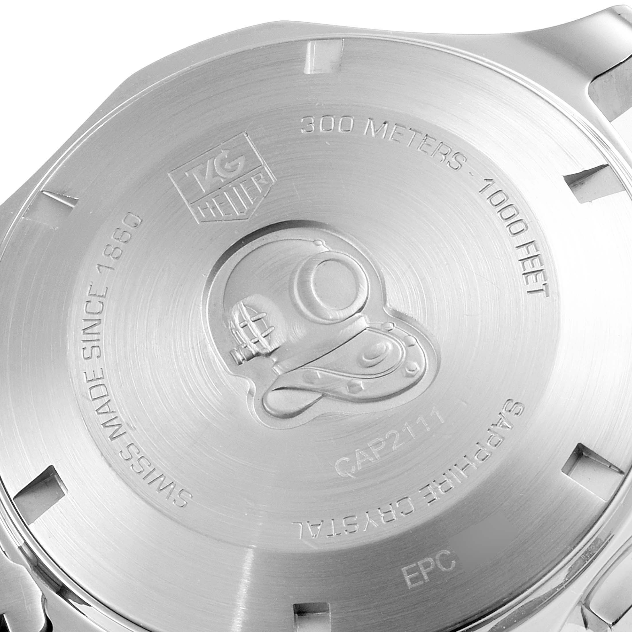 The image shows the case back of the Tag Heuer Aquaracer CAP2111.BA0833 Men's Stainless Steel Silver Dial CAP2111.BA0833 Men's Stainless Steel Silver Dial watch, featuring an engraved diving helmet and specifications.