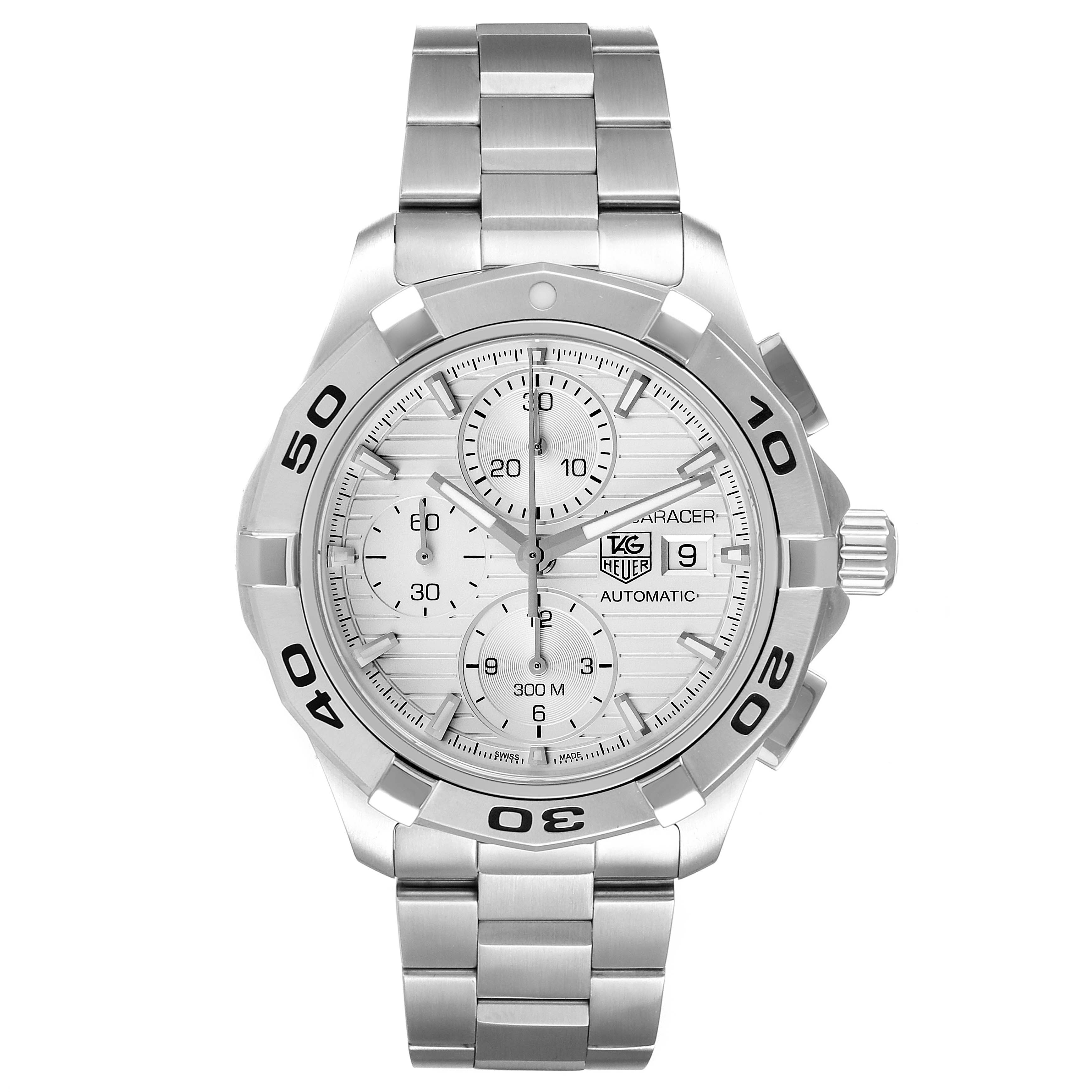 The Tag Heuer Aquaracer CAP2111.BA0833 Men's Stainless Steel Silver Dial CAP2111.BA0833 Men's Stainless Steel Silver Dial watch is shown from a front angle, displaying the face, bezel, crown, and metal bracelet.