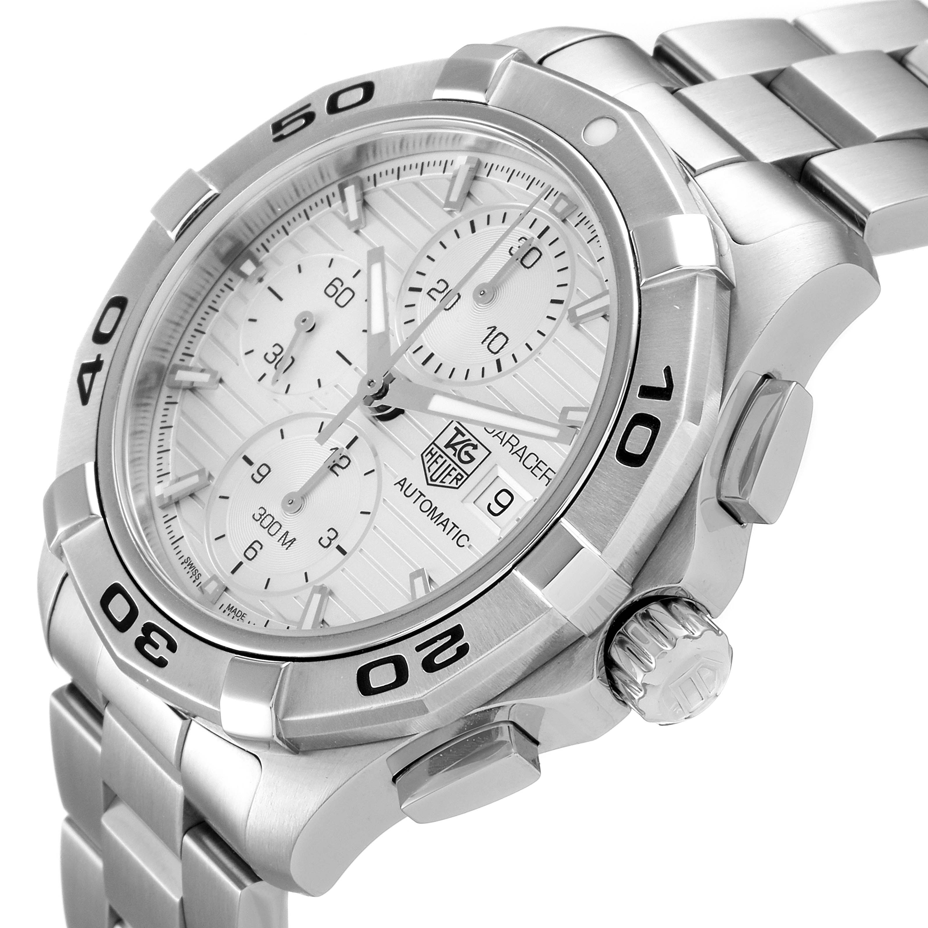 This image shows a Tag Heuer Aquaracer CAP2111.BA0833 Men's Stainless Steel Silver Dial CAP2111.BA0833 Men's Stainless Steel Silver Dial watch from a front-side angle, highlighting the bezel, crown, and bracelet.