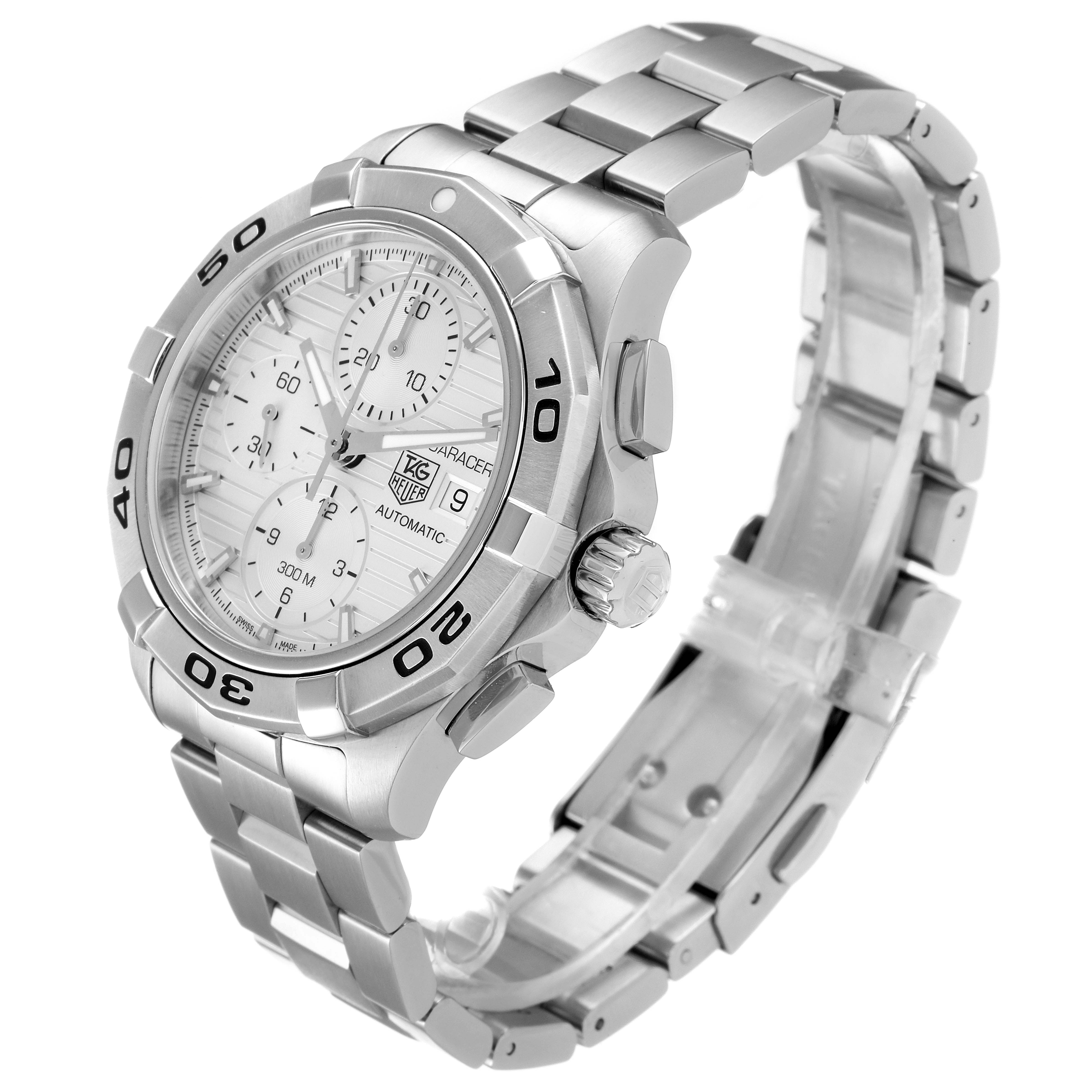 The image shows an angled view of the Tag Heuer Aquaracer CAP2111.BA0833 Men's Stainless Steel Silver Dial CAP2111.BA0833 Men's Stainless Steel Silver Dial watch, highlighting its face, bezel, crown, and metal bracelet.