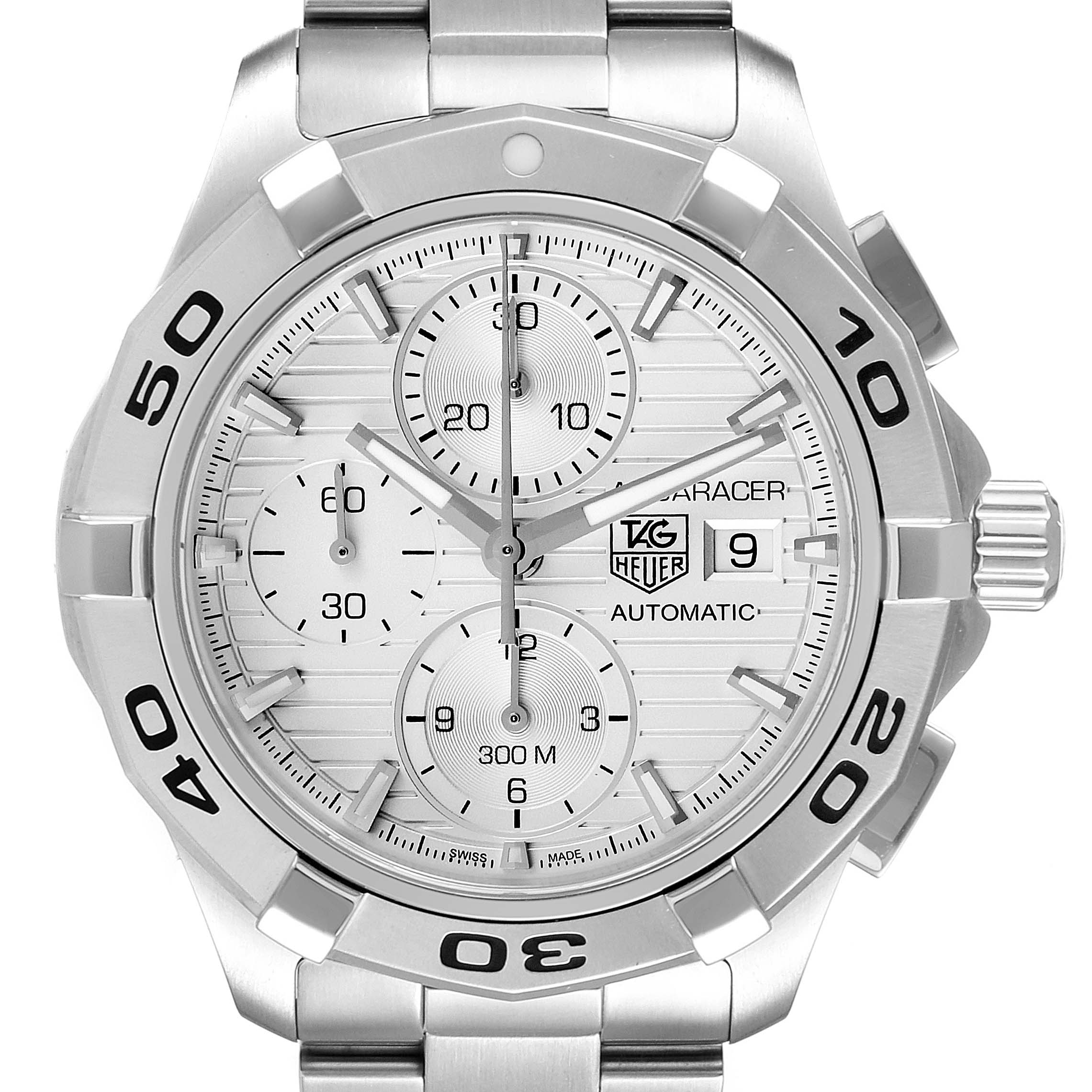 This image showcases a front view of the Tag Heuer Aquaracer CAP2111.BA0833 Men's Stainless Steel Silver Dial CAP2111.BA0833 Men's Stainless Steel Silver Dial watch, detailing its face, bezel, and a portion of the bracelet.