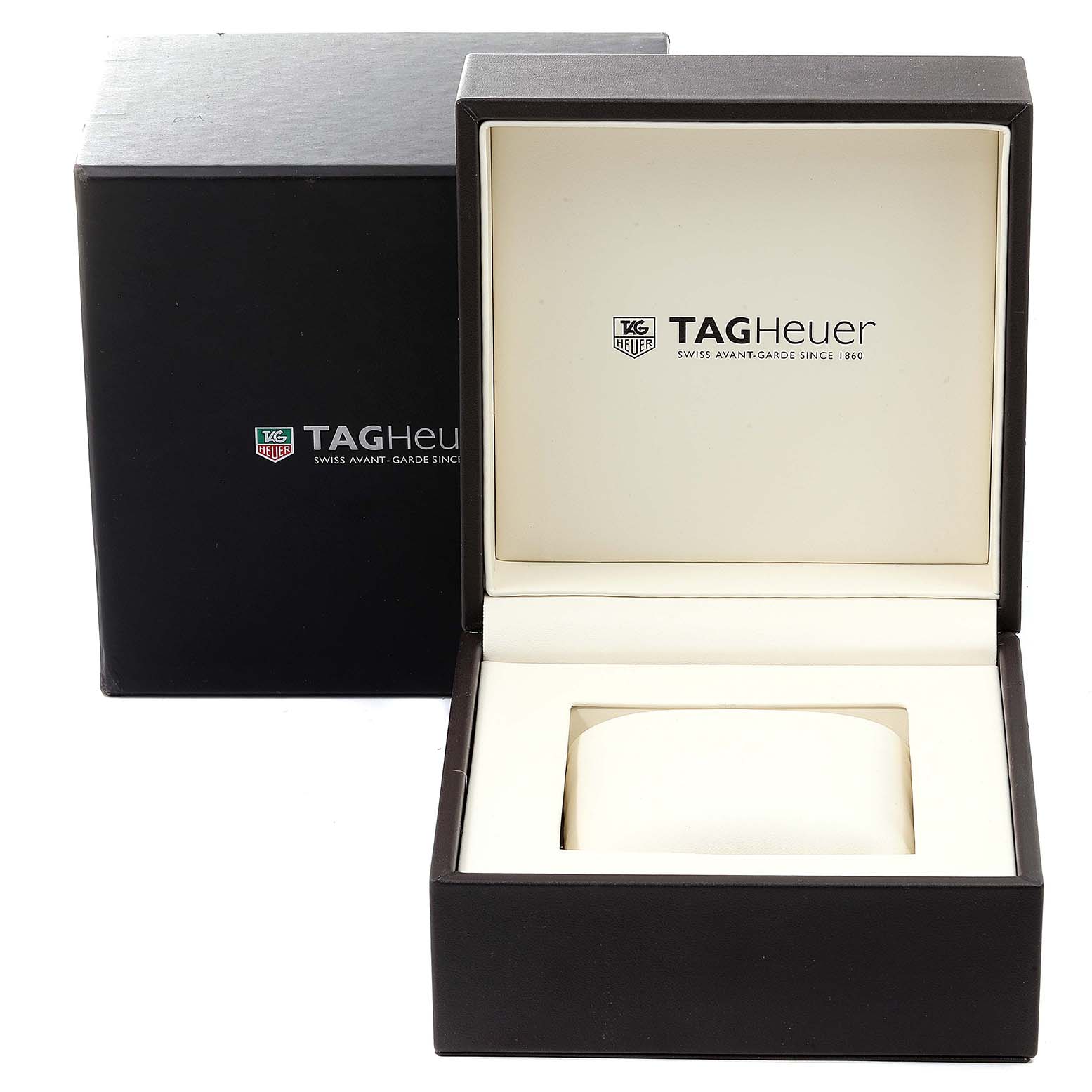 The image shows an open Tag Heuer watch box and its packaging for the Aquaracer model.