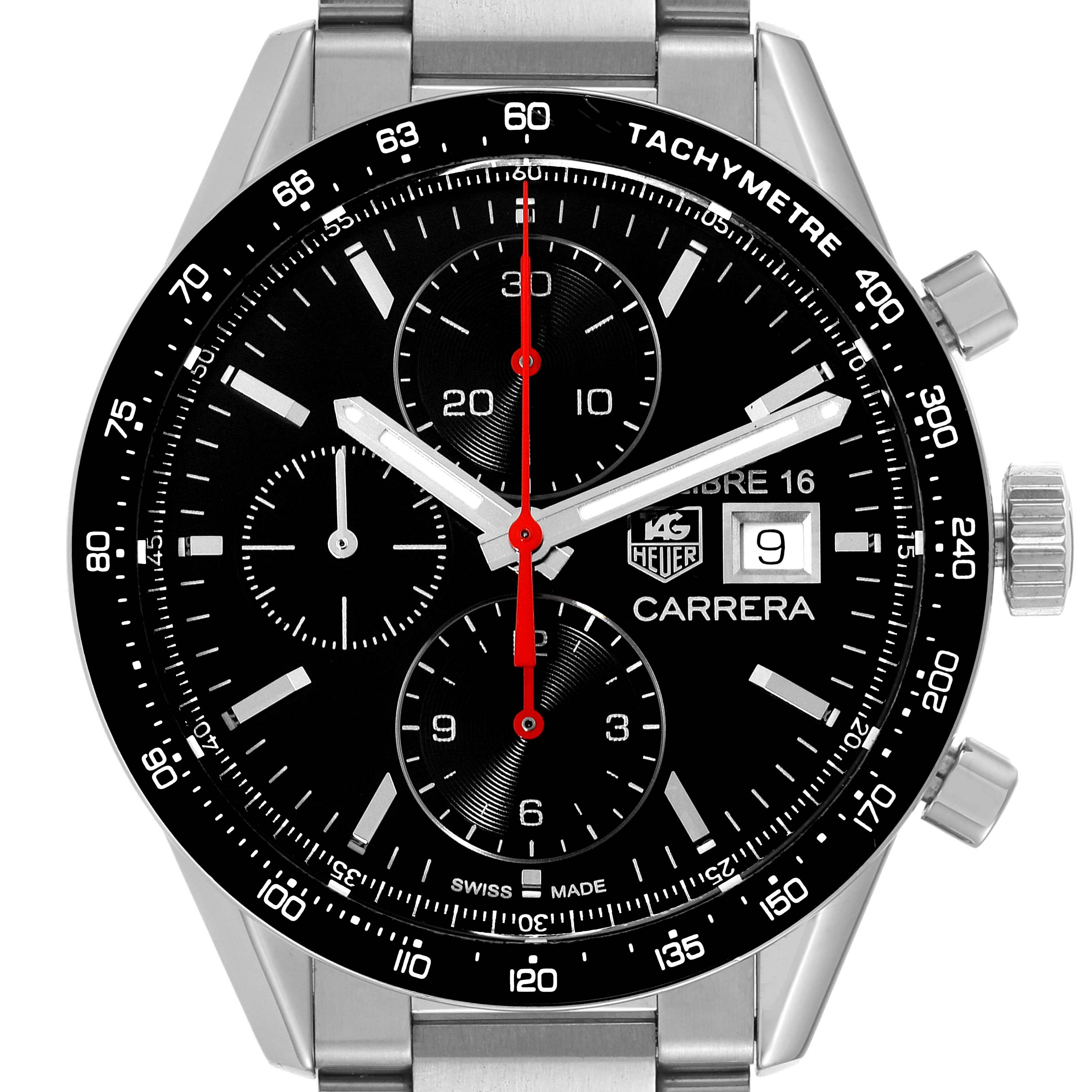 The Tag Heuer Carrera CV201AK Men's Stainless Steel Black Dial CV201AK Men's Stainless Steel Black Dial model watch is shown from the front, displaying the dial, tachymeter bezel, and chronograph features.
