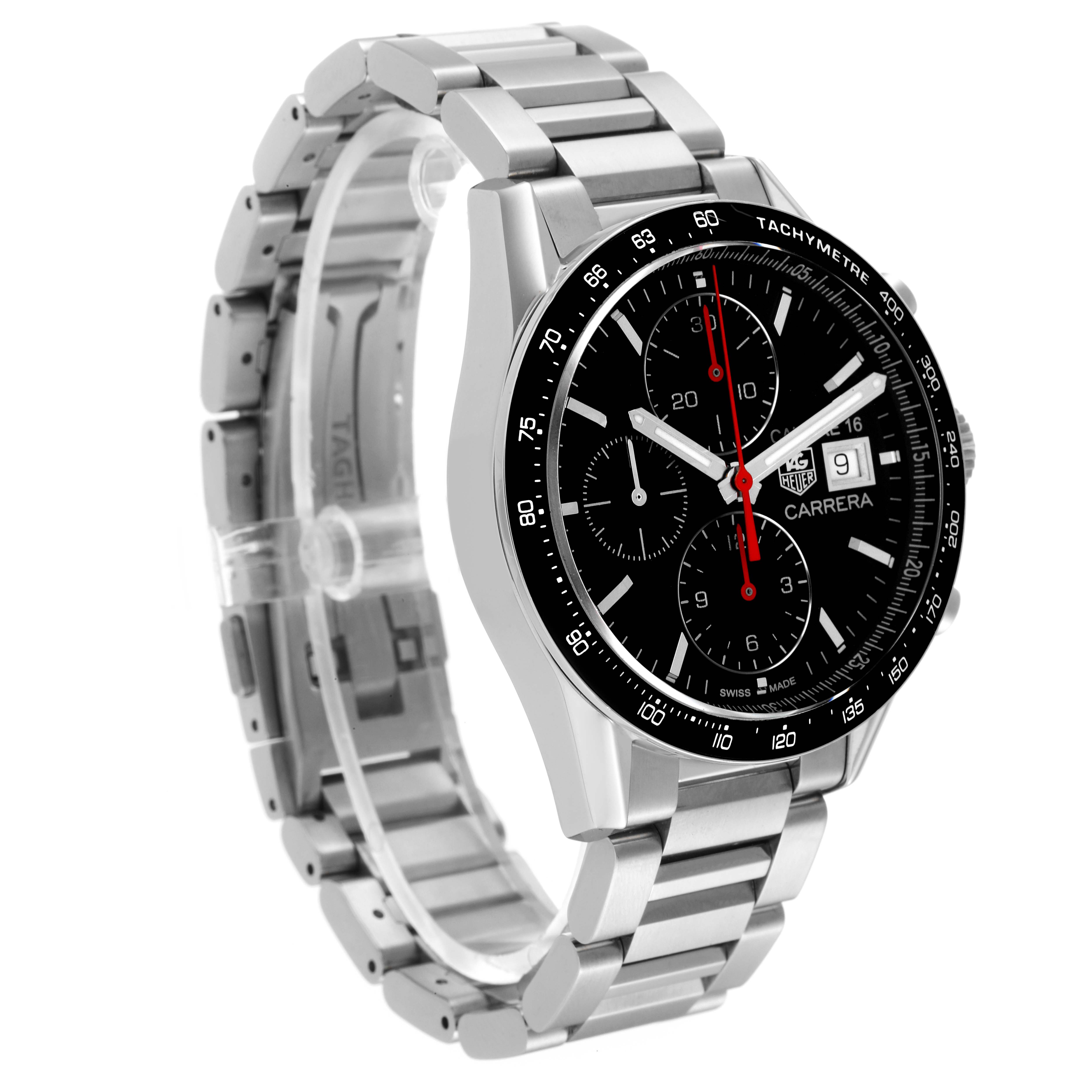 The image shows a Tag Heuer Carrera CV201AK Men's Stainless Steel Black Dial CV201AK Men's Stainless Steel Black Dial watch at a three-quarter angle, highlighting its stainless steel bracelet and black dial with chronograph subdials.