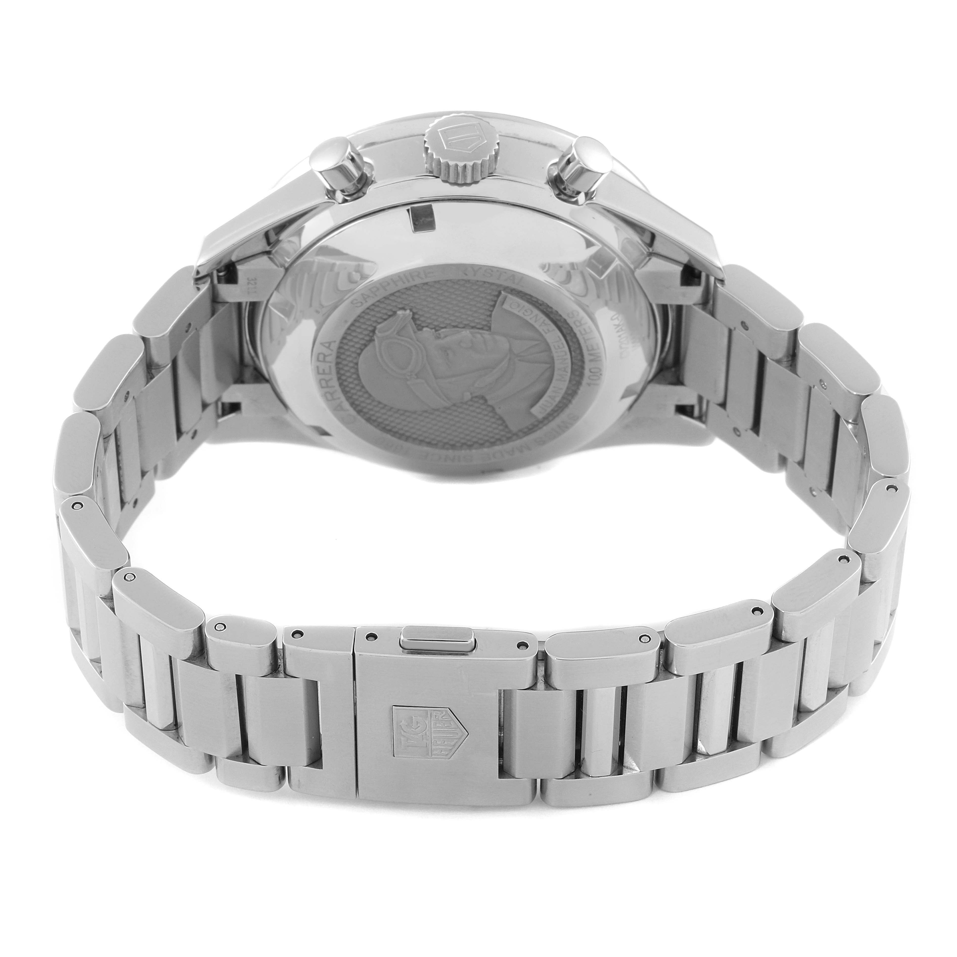 The image shows the back case and bracelet of a Tag Heuer Carrera CV201AK Men's Stainless Steel Black Dial CV201AK Men's Stainless Steel Black Dial model watch from a rear angle.