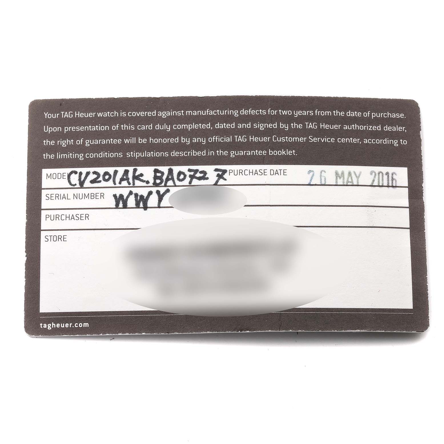 This is a warranty card for the Tag Heuer Carrera CV201AK Men's Stainless Steel Black Dial CV201AK Men's Stainless Steel Black Dial model CV201AK.BA0727, showing purchase date and serial number.