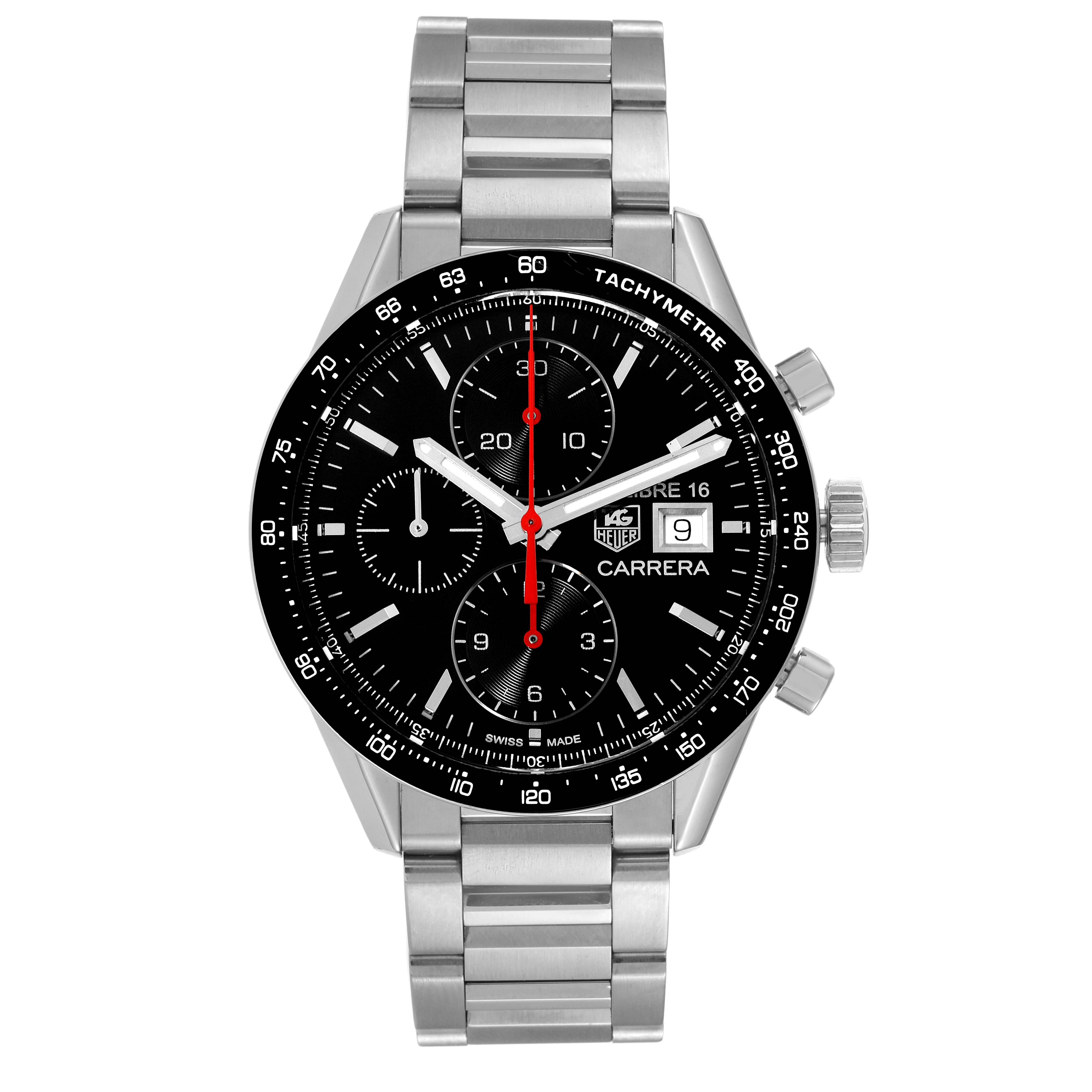 The image shows a frontal view of the Tag Heuer Carrera CV201AK Men's Stainless Steel Black Dial CV201AK Men's Stainless Steel Black Dial watch, highlighting its black dial, chronograph, and stainless steel bracelet.