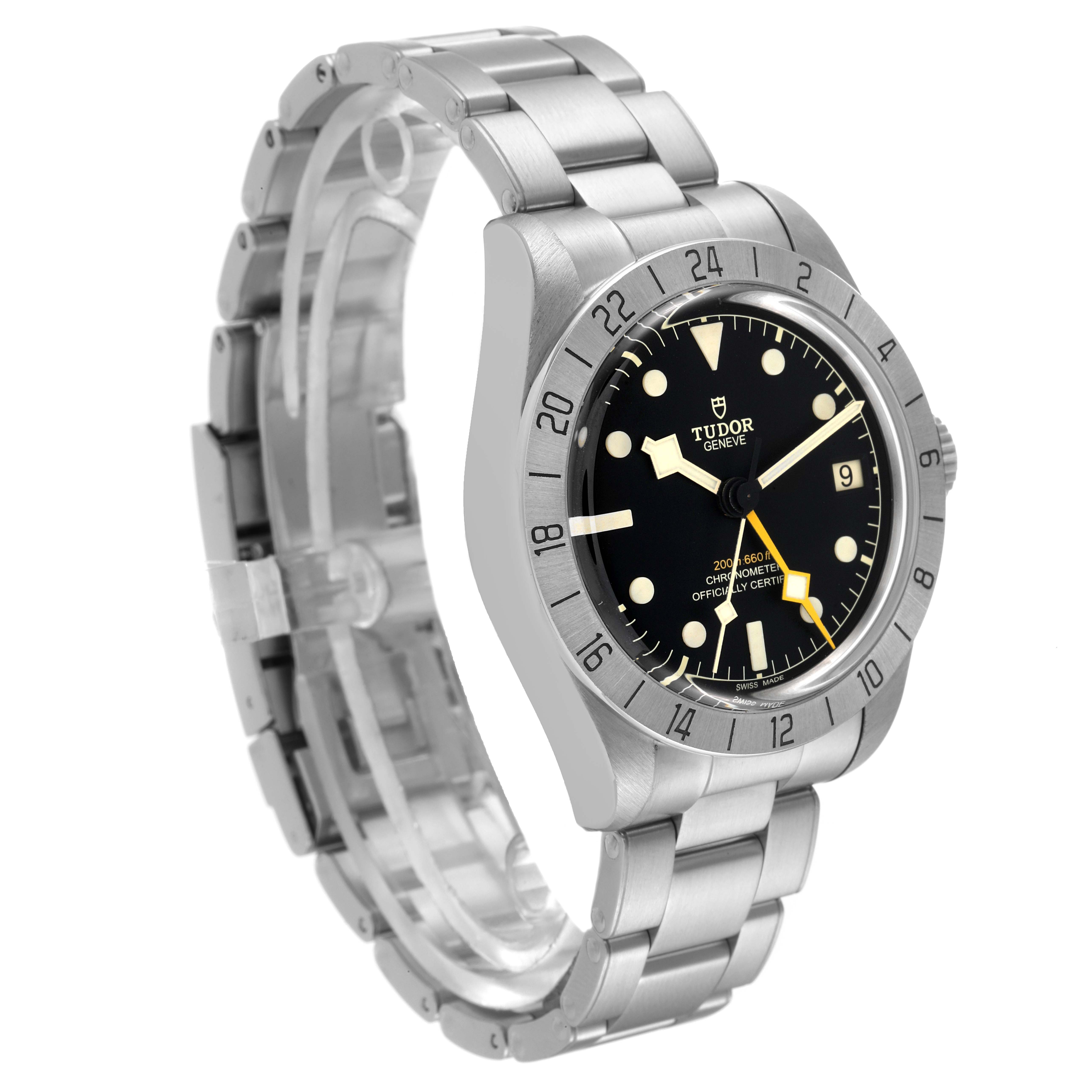 The Tudor Heritage Black Bay M79470-0003 Men
s Stainless Steel Black Dial M79470-0003 Men
s Stainless Steel Black Dial watch is shown from a slightly angled side view, showcasing its face, bezel, and metal bracelet.