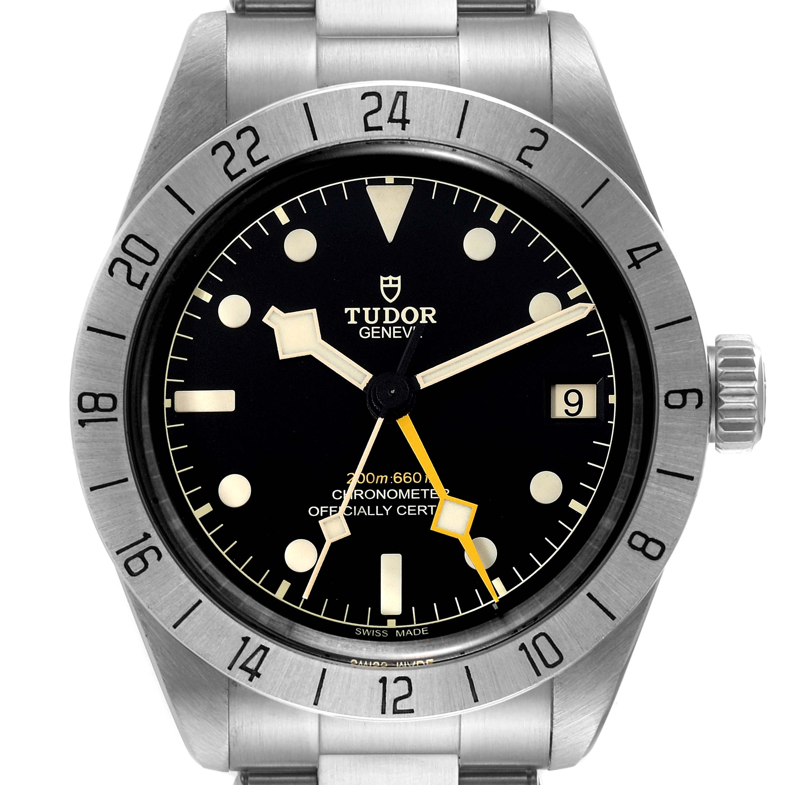 This image shows a front view of the Tudor Heritage Black Bay M79470-0003 Men
s Stainless Steel Black Dial M79470-0003 Men
s Stainless Steel Black Dial watch, highlighting its dial, hands, bezel, and crown.