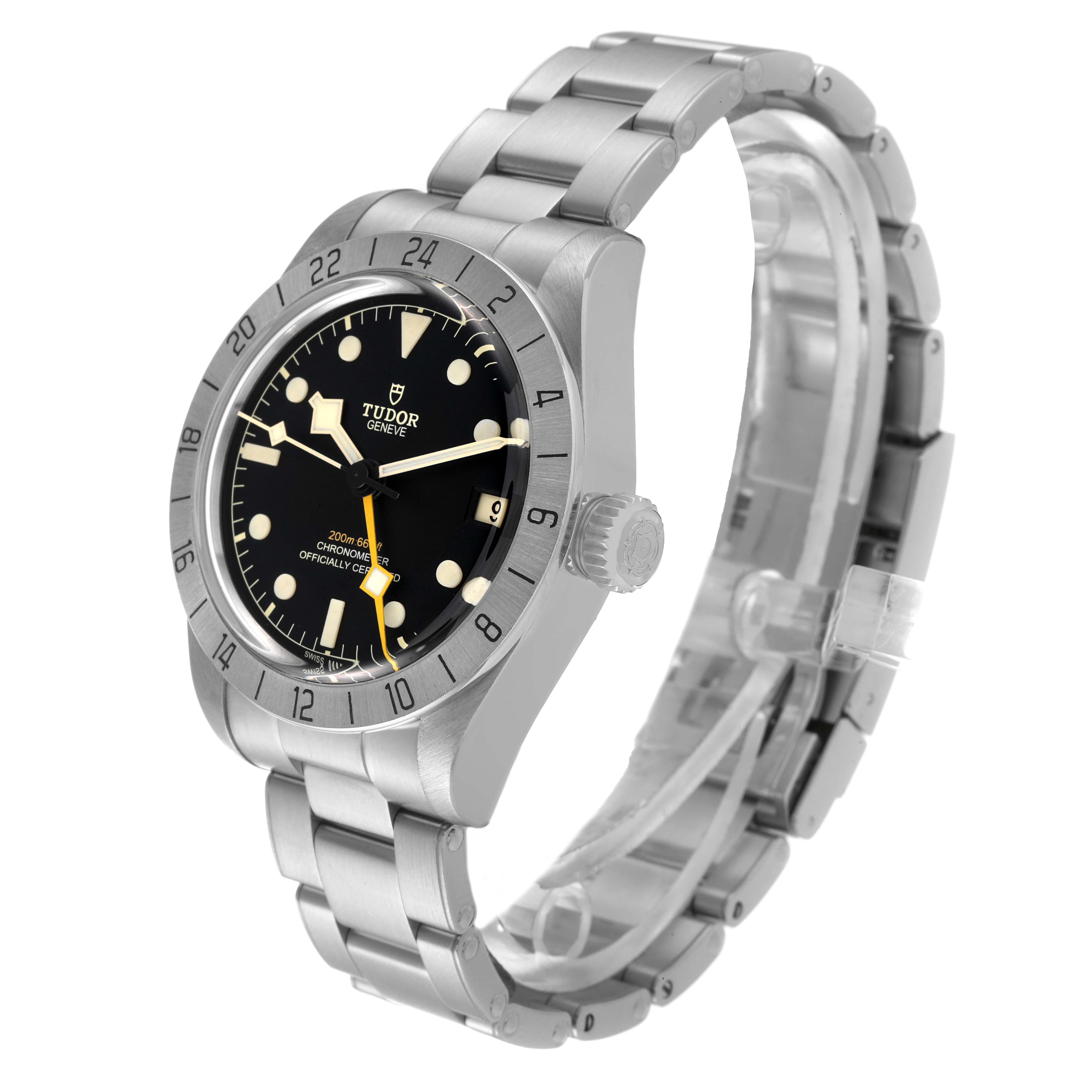 The Tudor Heritage Black Bay M79470-0003 Men
s Stainless Steel Black Dial M79470-0003 Men
s Stainless Steel Black Dial watch is shown at a three-quarter angle, displaying the dial, bezel, crown, and bracelet.