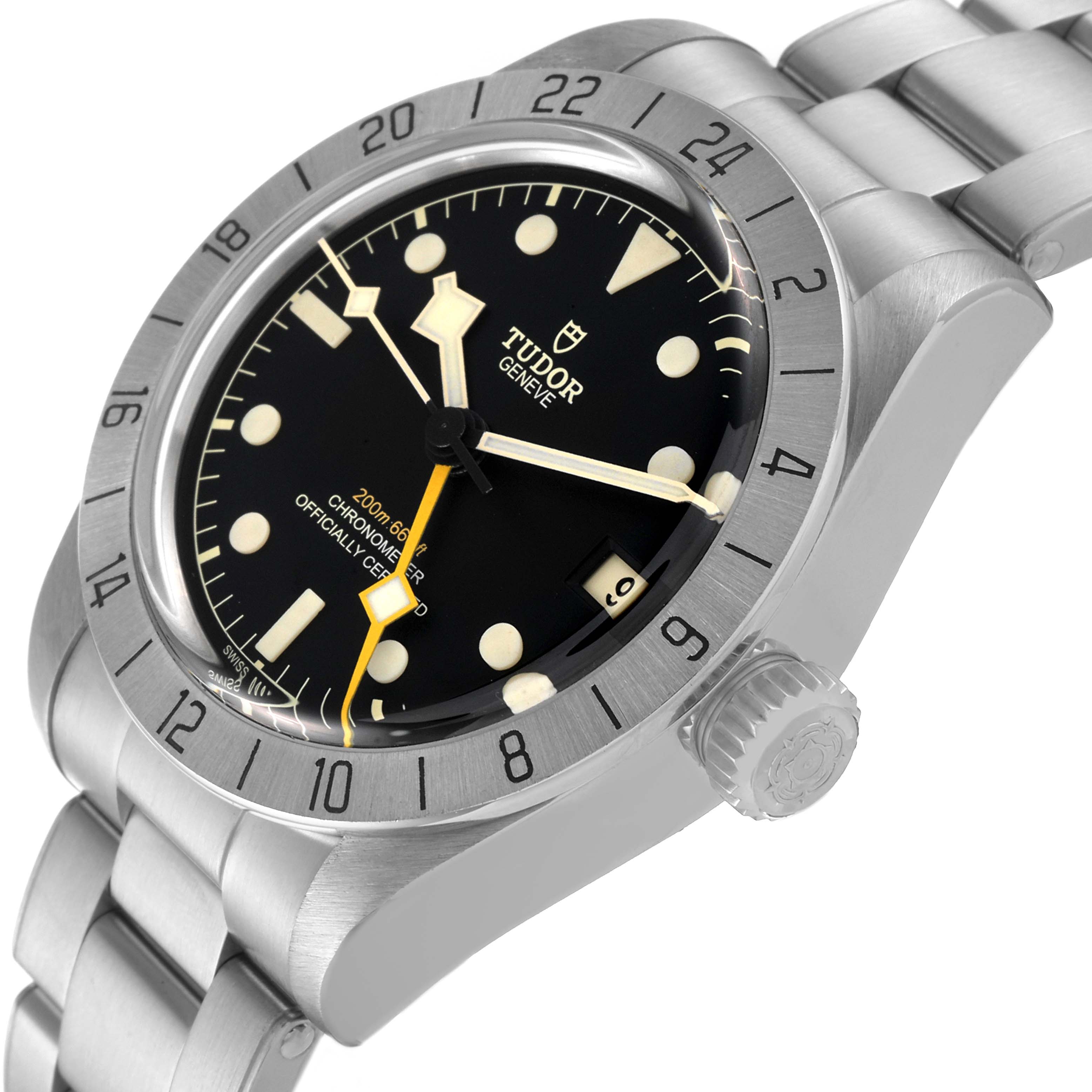 The Tudor Heritage Black Bay M79470-0003 Men
s Stainless Steel Black Dial M79470-0003 Men
s Stainless Steel Black Dial watch is shown at an oblique angle, highlighting the dial, bezel, crown, and part of the bracelet.