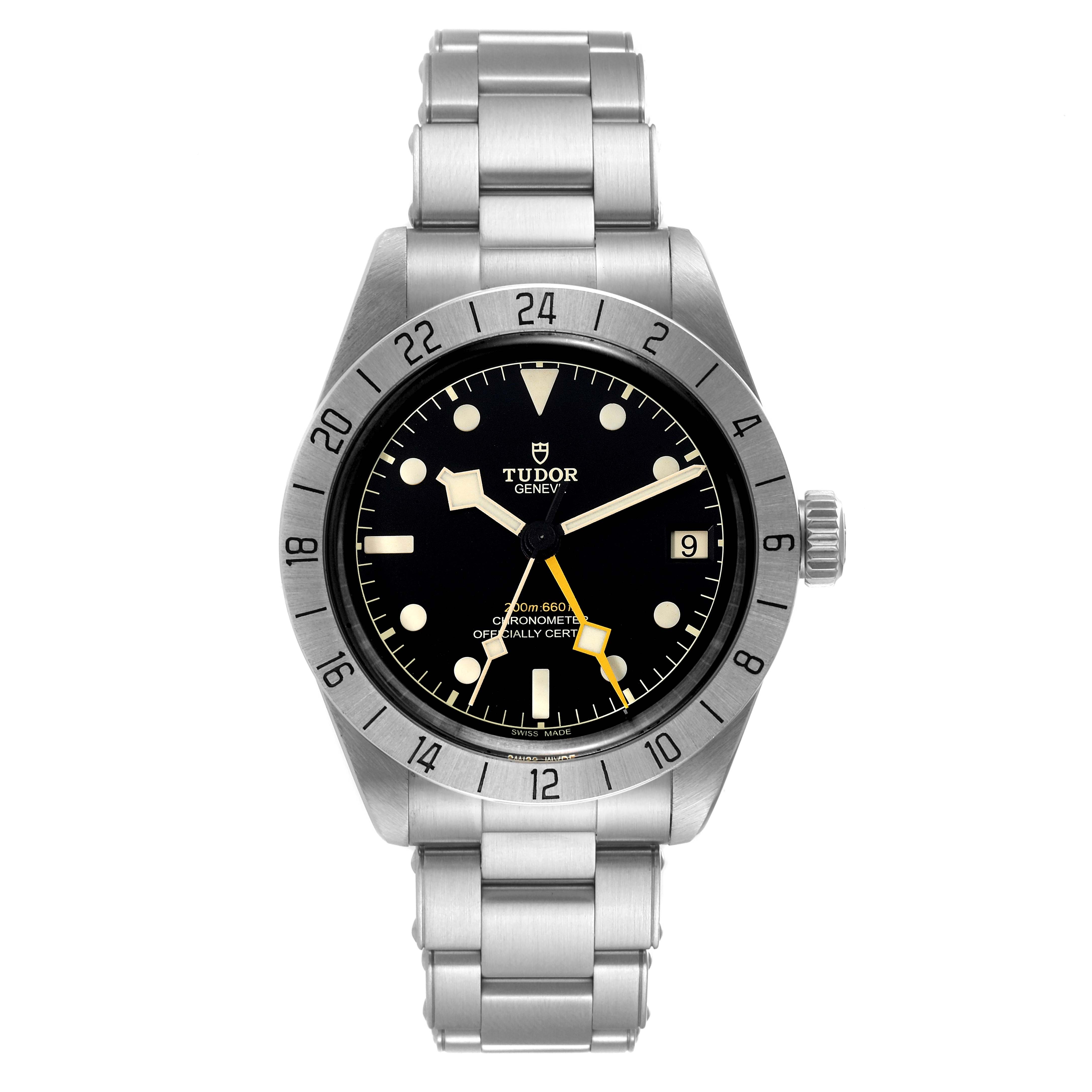 The image shows a Tudor Heritage Black Bay M79470-0003 Men
s Stainless Steel Black Dial M79470-0003 Men
s Stainless Steel Black Dial watch from the front, featuring its dial, case, bezel, and bracelet.