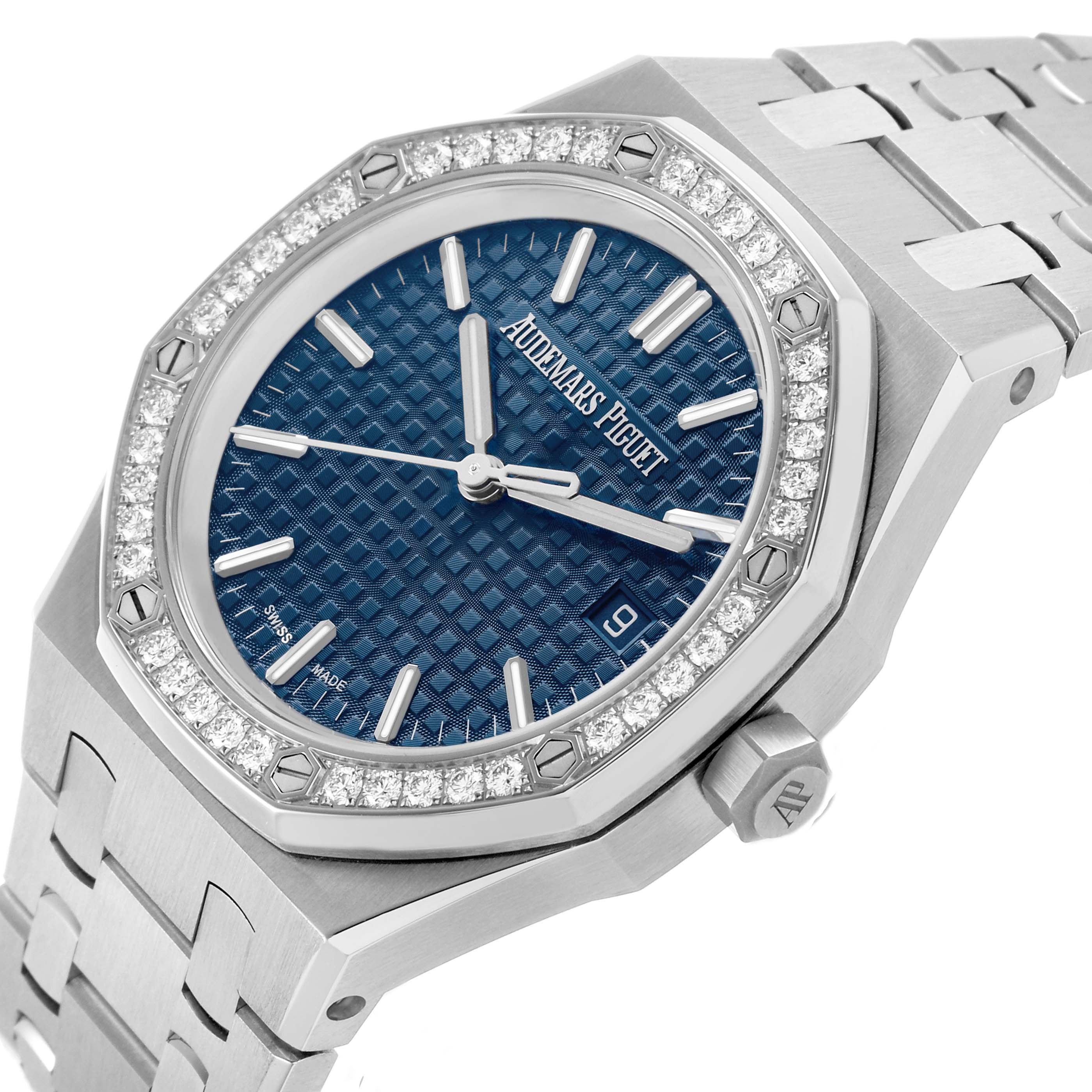 The Audemars Piguet Royal Oak 77451ST Women's Stainless Steel Blue Dial watch is shown at an angled view, highlighting the octagonal bezel, blue textured dial, and metal bracelet.