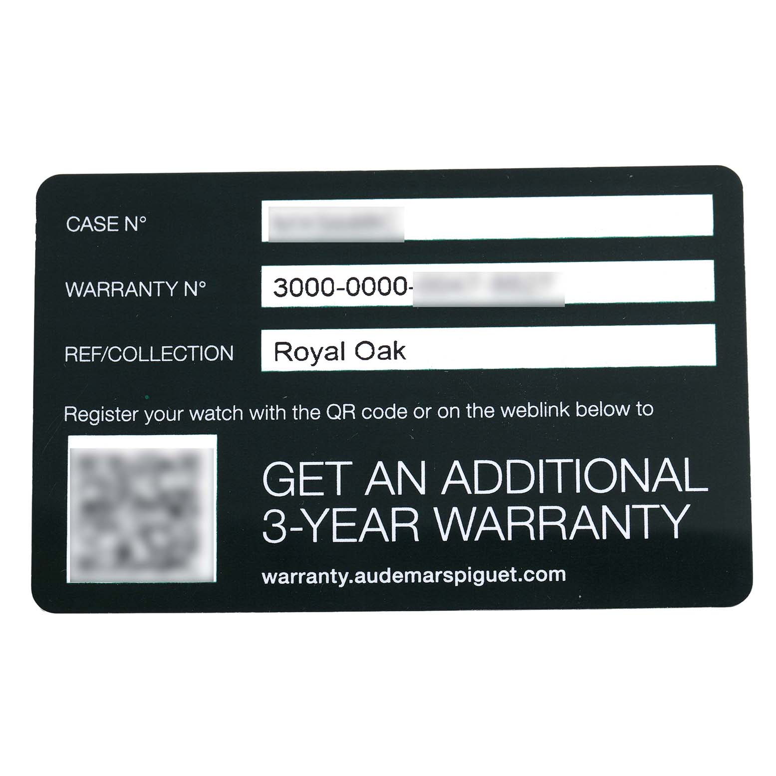 The image shows a warranty card for the Audemars Piguet Royal Oak 77451ST Women's Stainless Steel Blue Dial watch model.